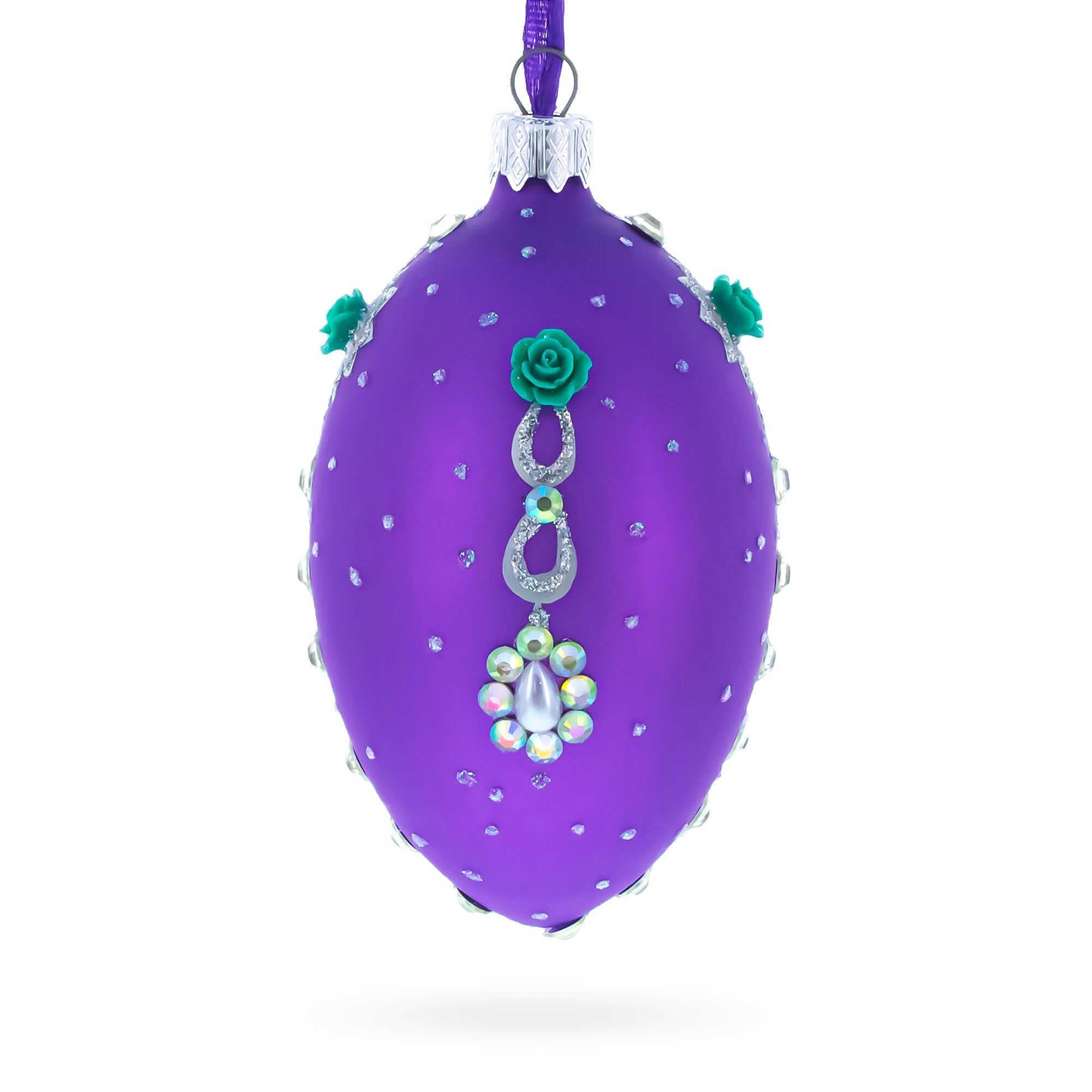 Milan Designer Intricate Jeweled Flower Necklace Glass Egg Christmas Ornament 4 Inches