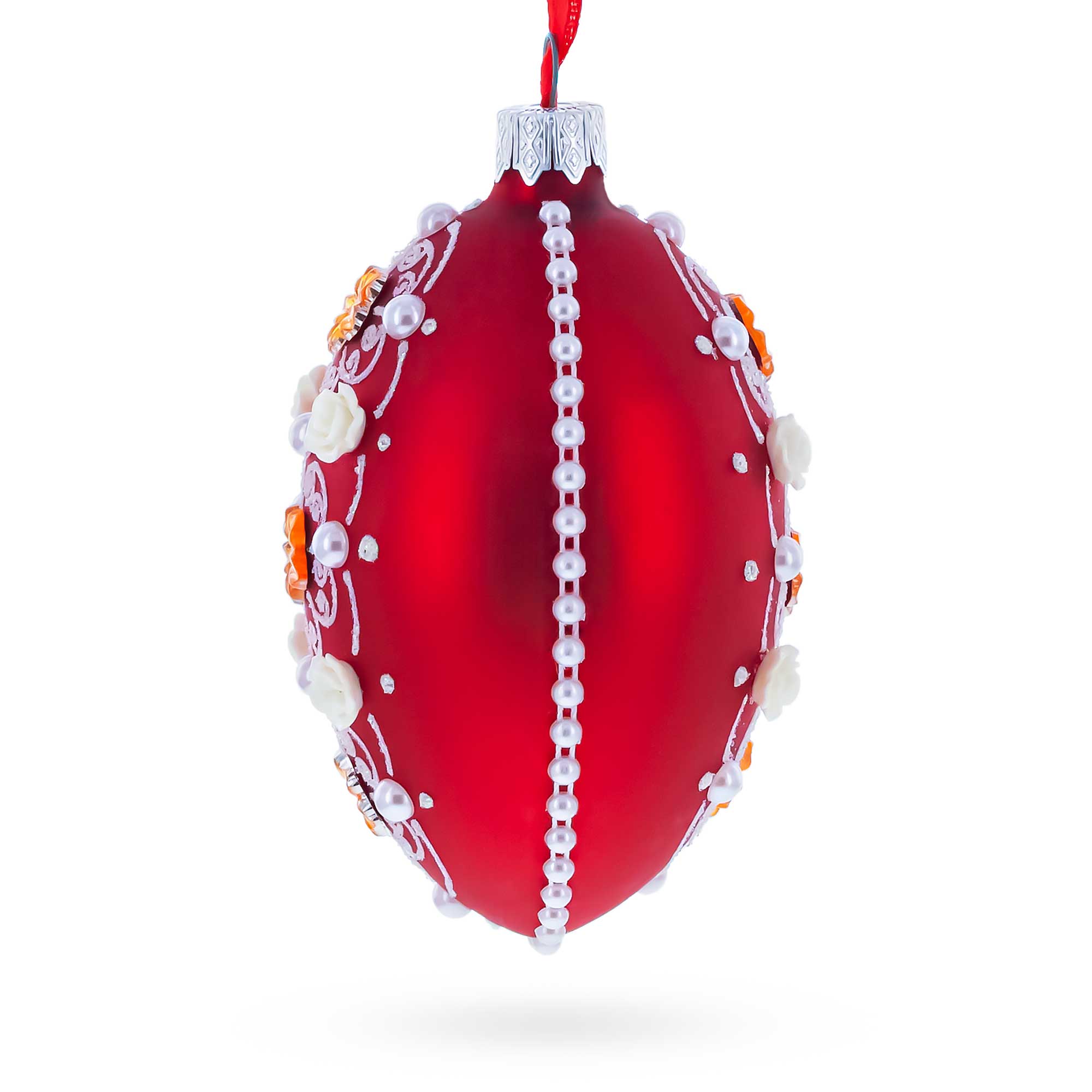 Jeweled Flowers on Red Glass Egg Christmas Ornament 4 Inches