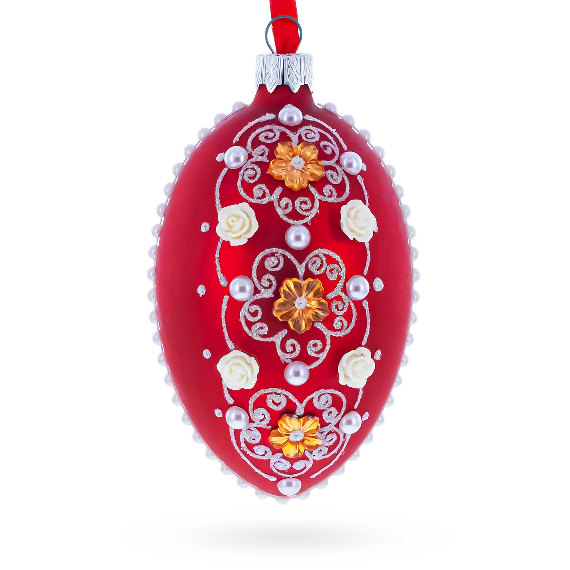 Jeweled Flowers on Red Glass Egg Christmas Ornament 4 Inches