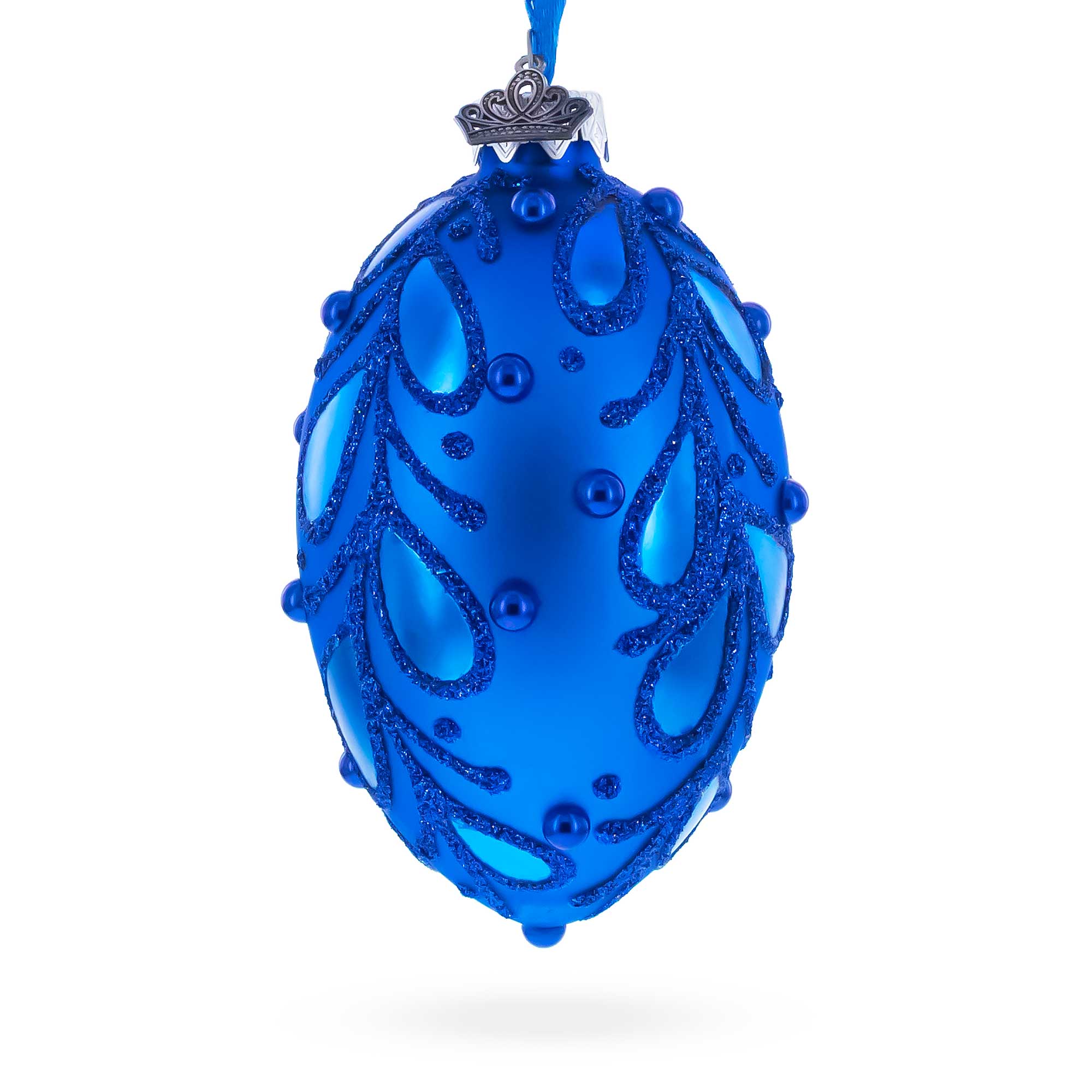 Bejeweled Scroll on Blue Glass Egg Christmas Ornament 4 Inches