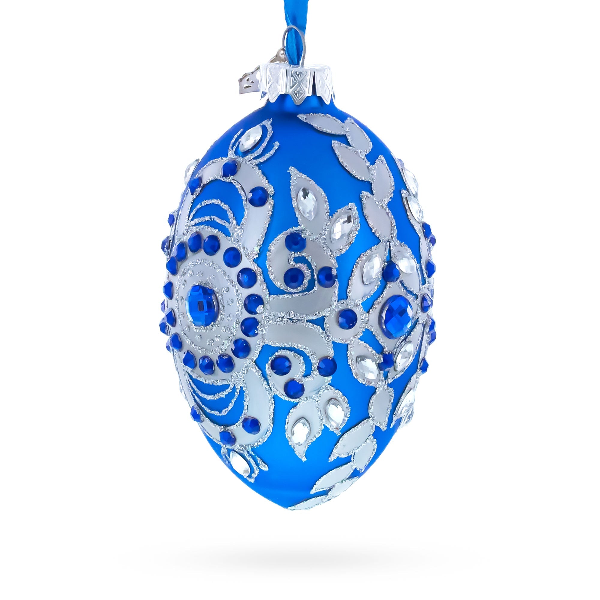 Silver on Blue Glass Egg Christmas Ornament 4 Inches
