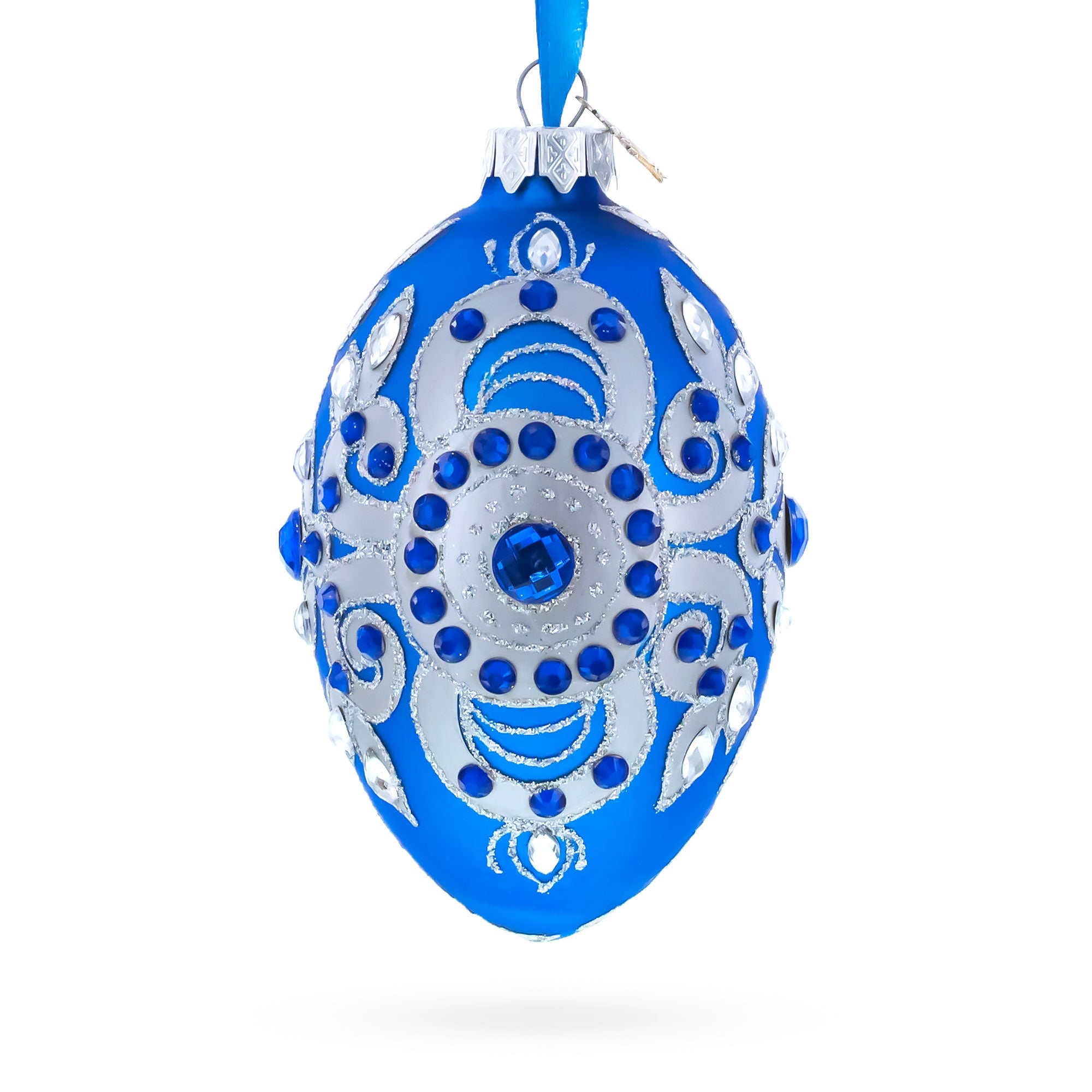Silver on Blue Glass Egg Christmas Ornament 4 Inches