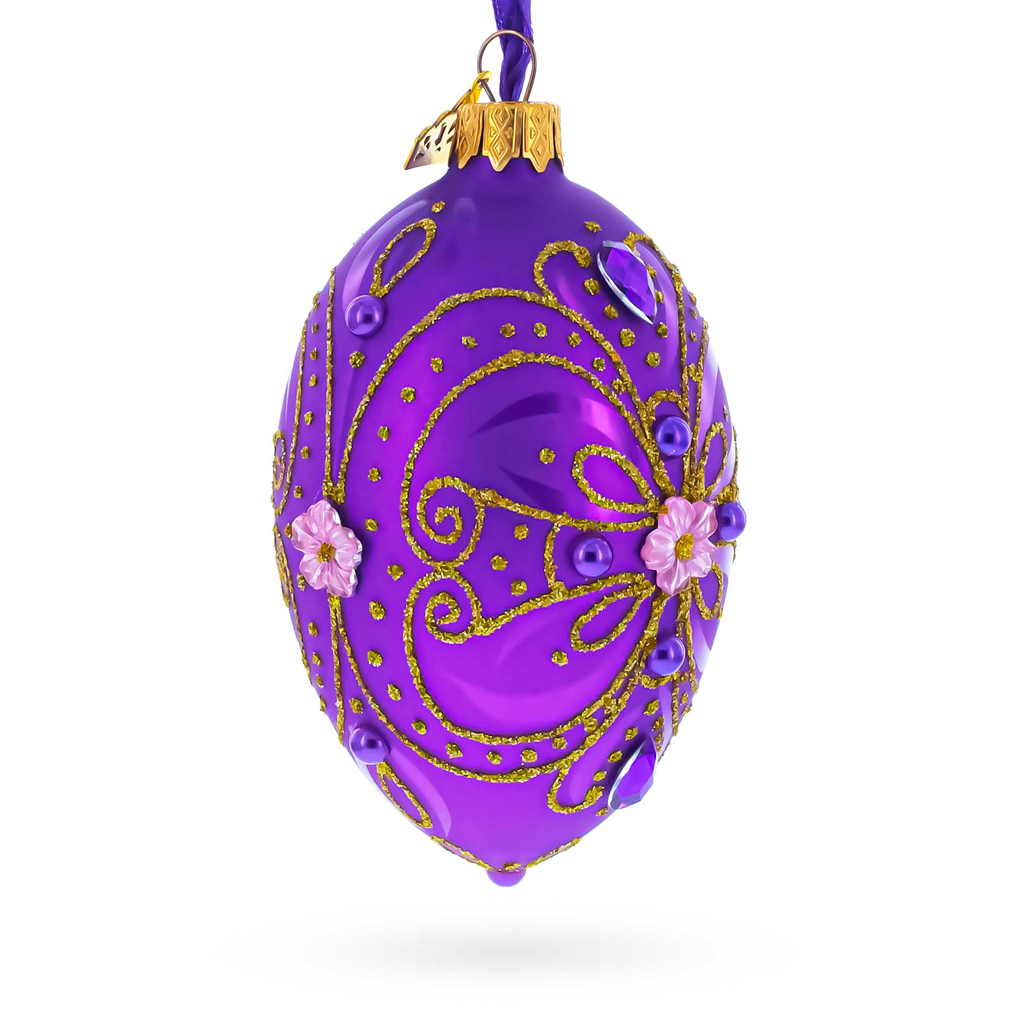 Royal Purple and Gold Glitter Scrollwork & Gem Accents Glass Egg Christmas Ornament 4 Inches