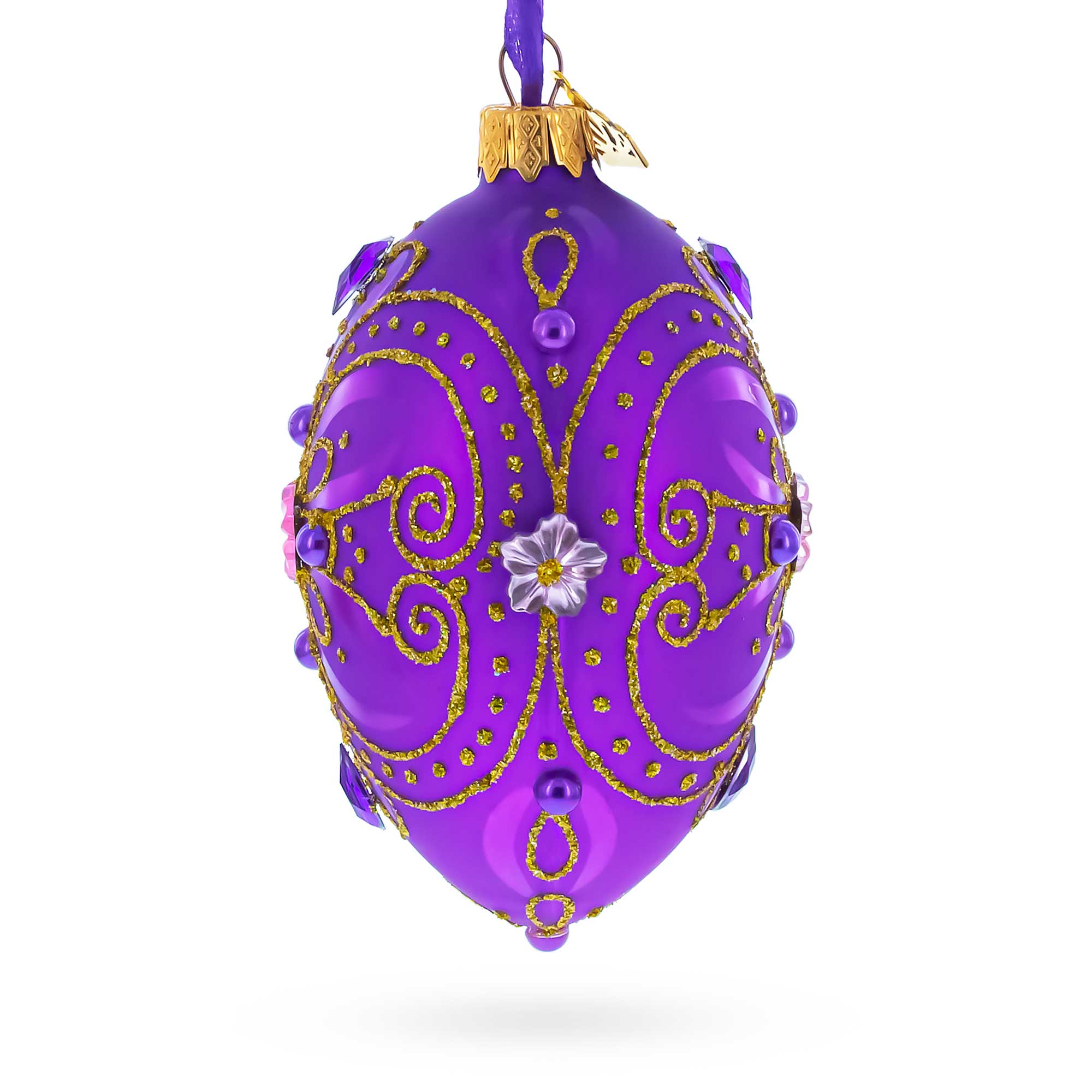 Royal Purple and Gold Glitter Scrollwork & Gem Accents Glass Egg Christmas Ornament 4 Inches