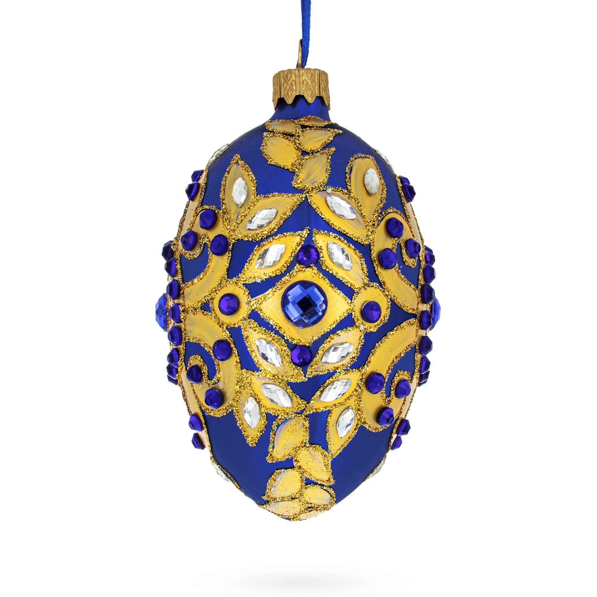 Golden Leaves on Blue Glass Egg Christmas Ornament 4 Inches