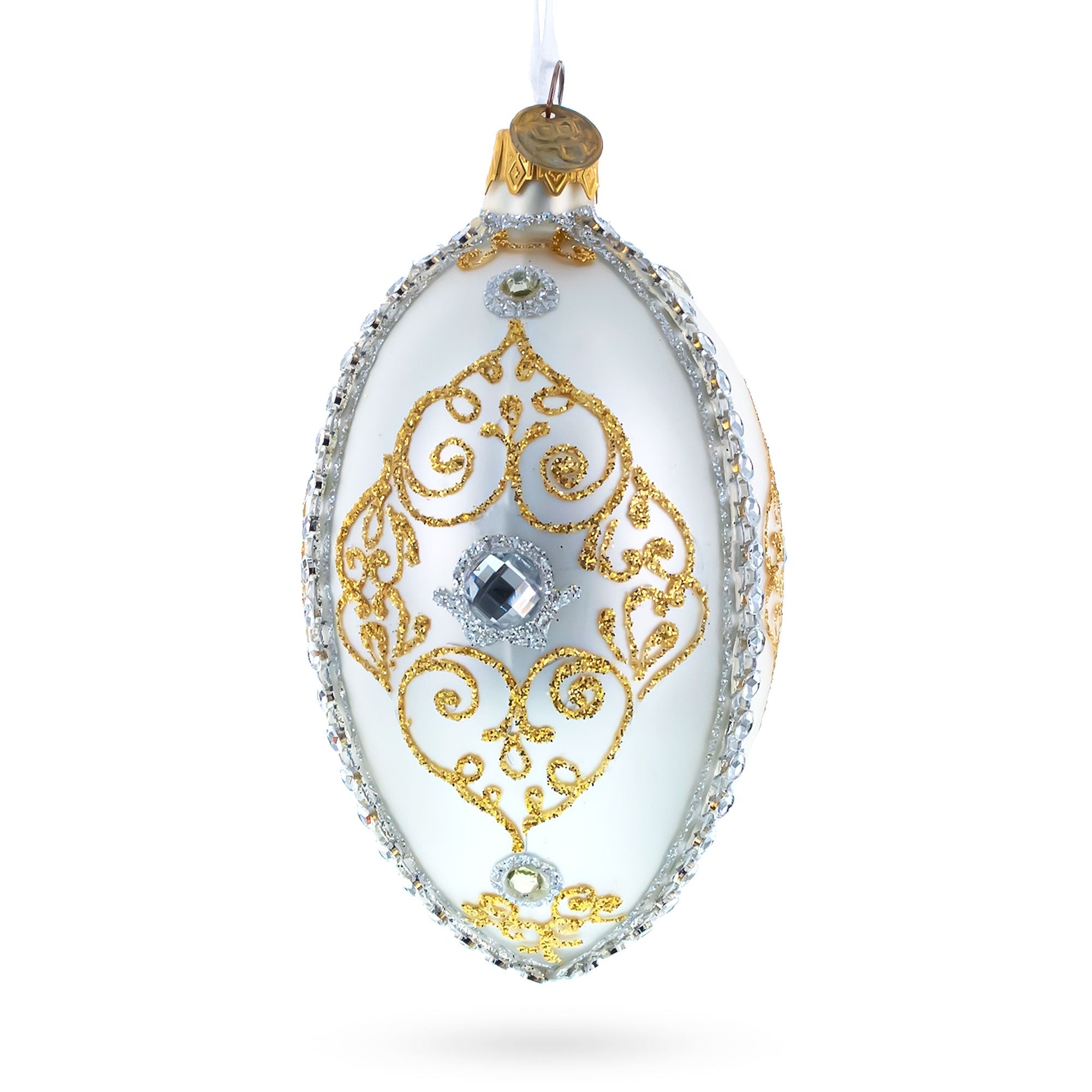 Diamond in Golden Scroll Glass Egg Christmas Ornament 4 Inches