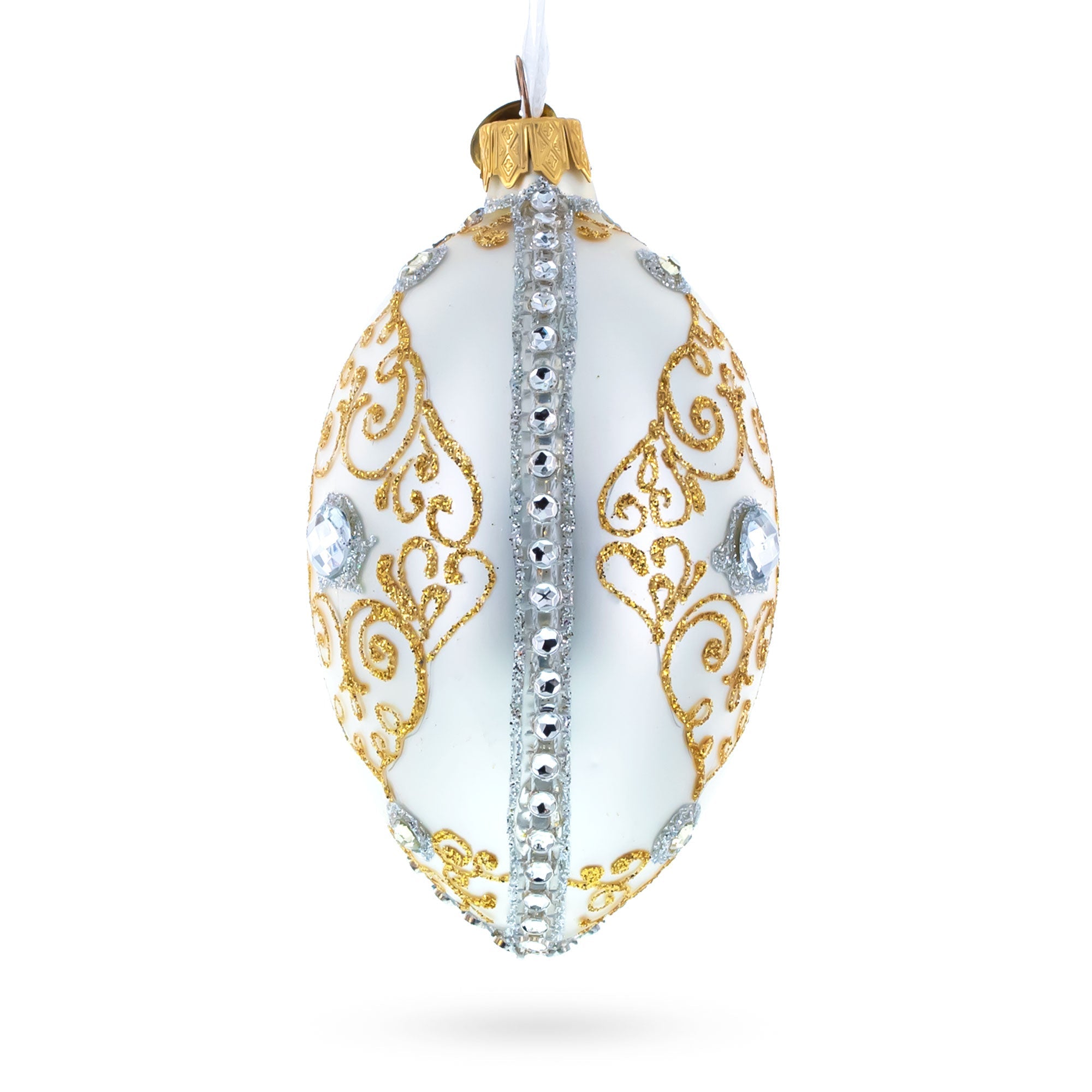Diamond in Golden Scroll Glass Egg Christmas Ornament 4 Inches