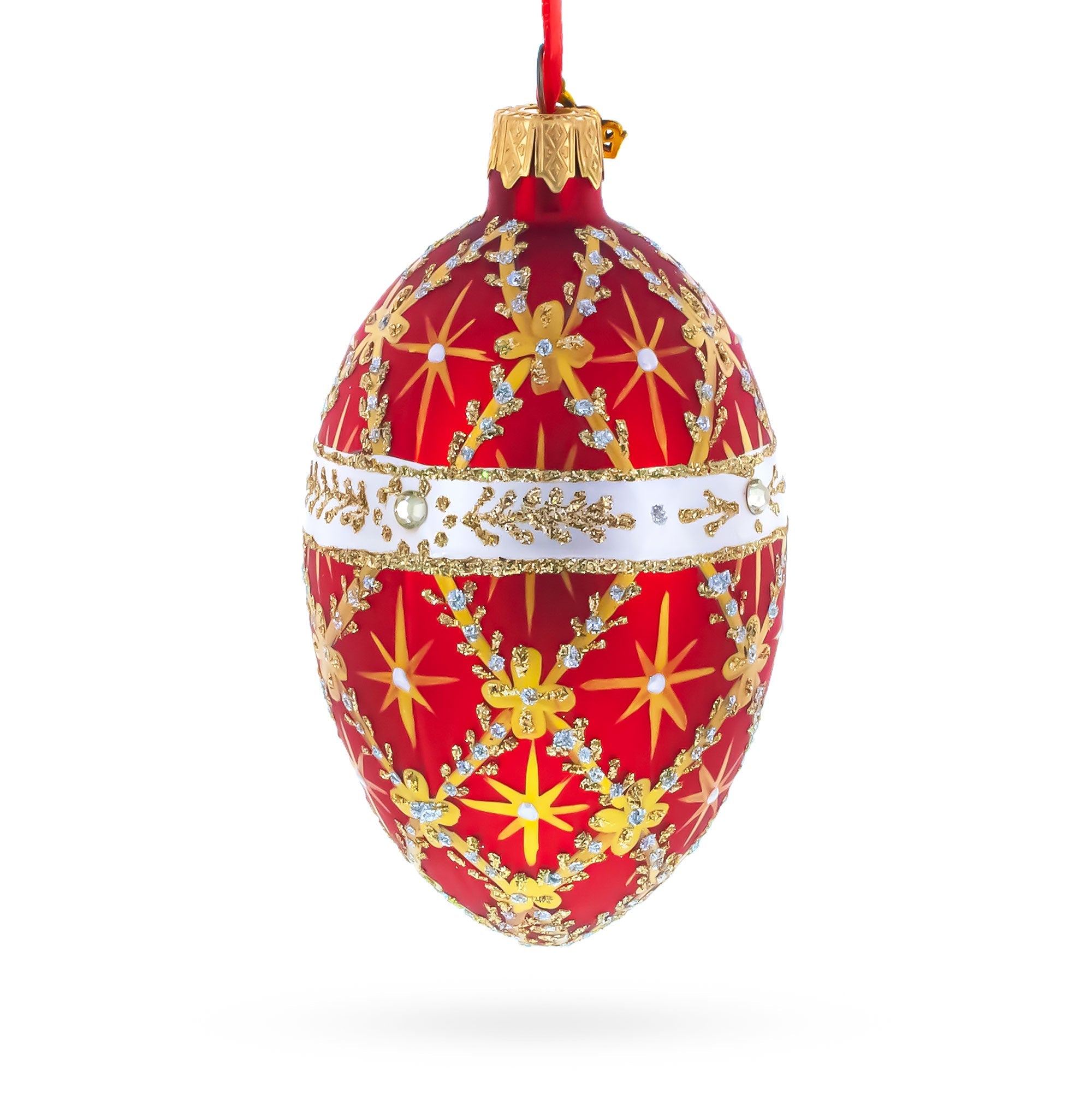Diamond Trellis on Red Glass Egg Christmas Ornament 4 Inches