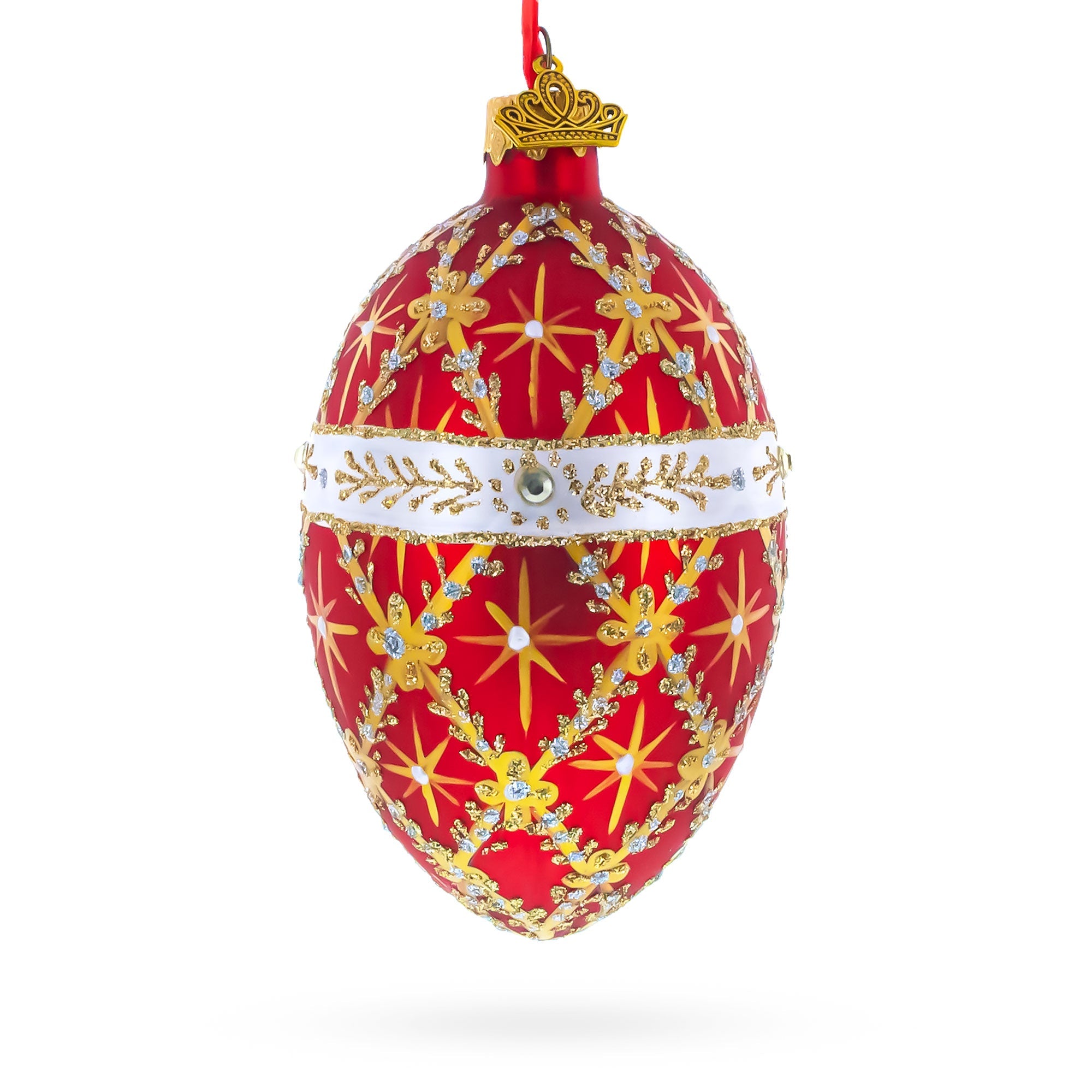 Diamond Trellis on Red Glass Egg Christmas Ornament 4 Inches