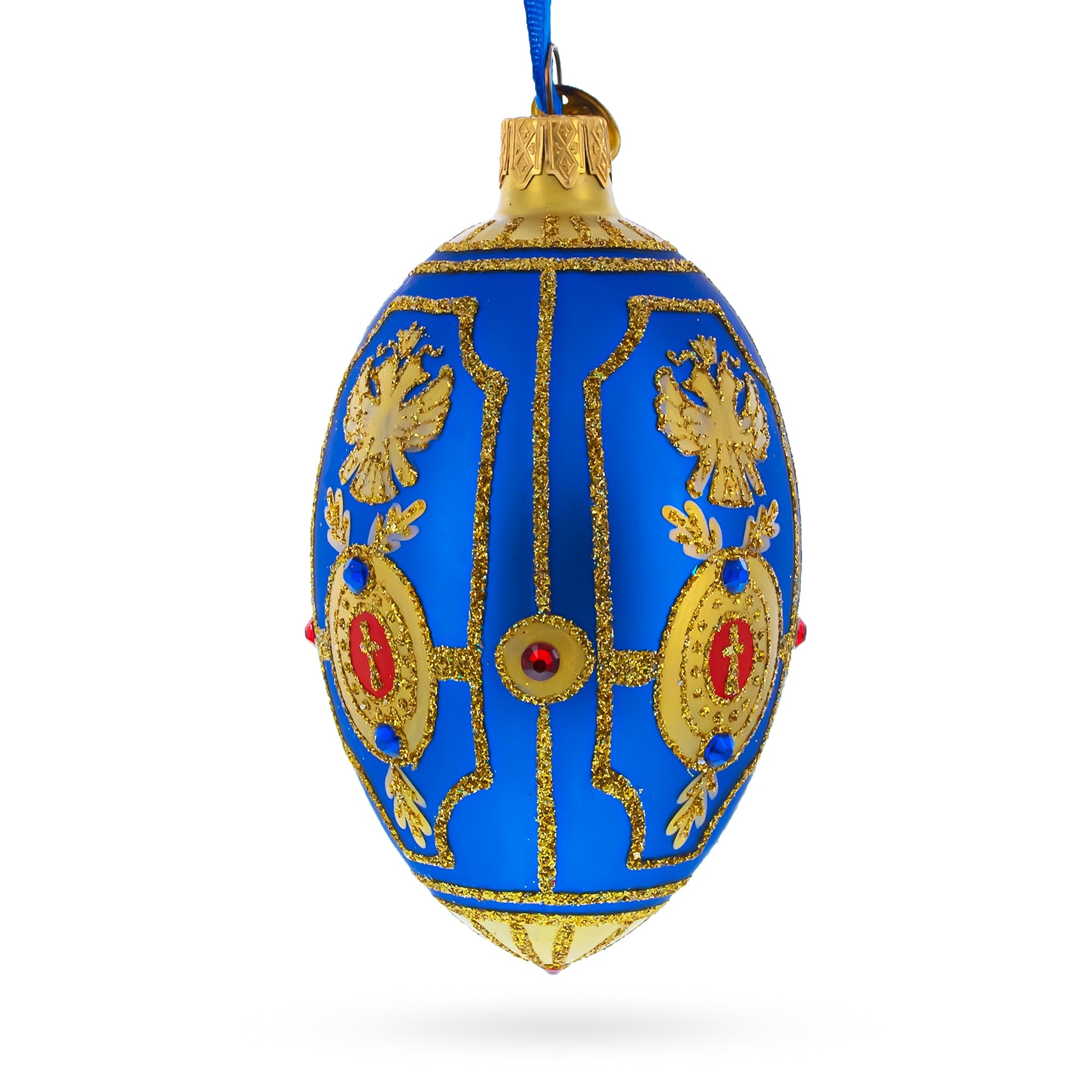 Golden Eagle on Blue Glass Egg Christmas Ornament 4 Inches