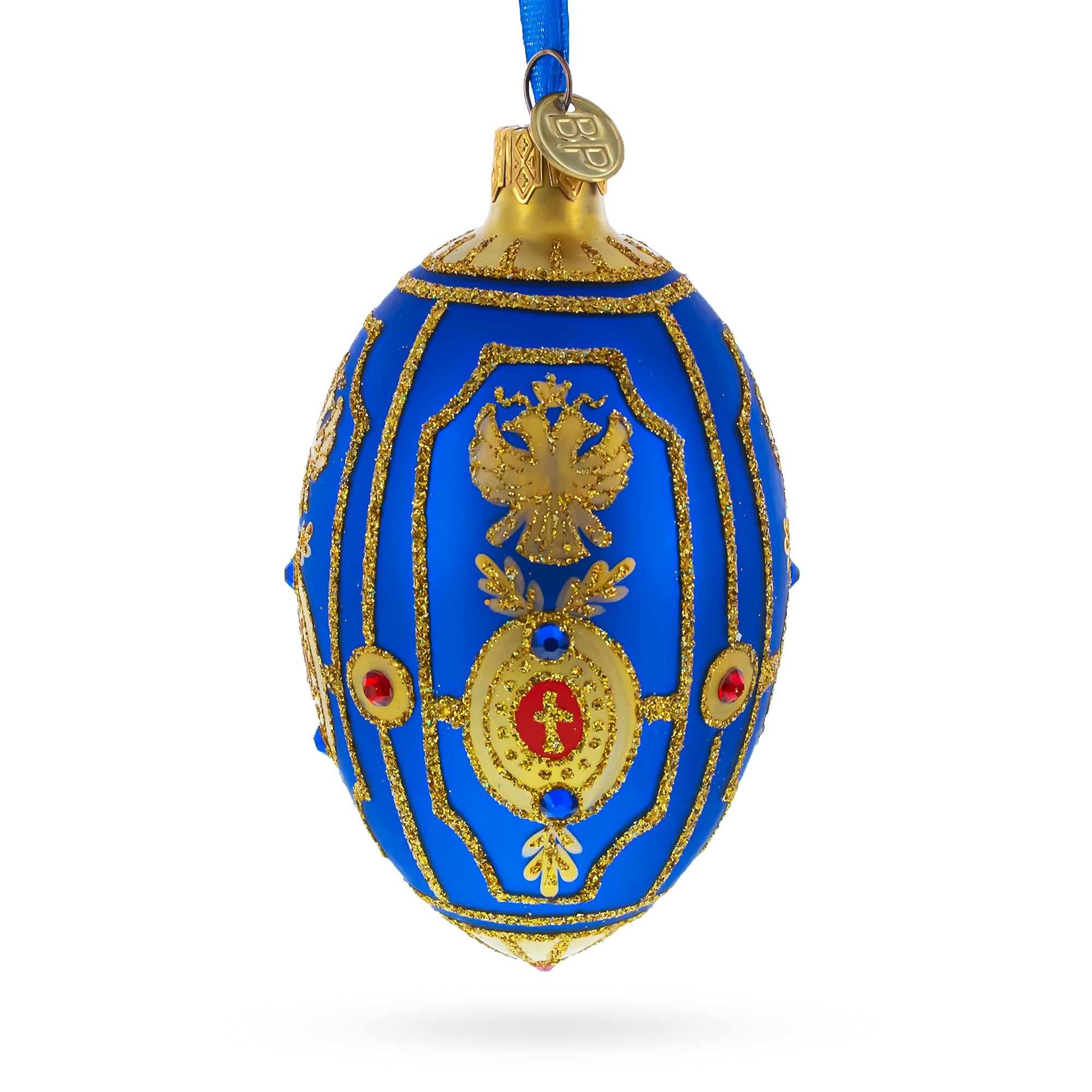 Golden Eagle on Blue Glass Egg Christmas Ornament 4 Inches