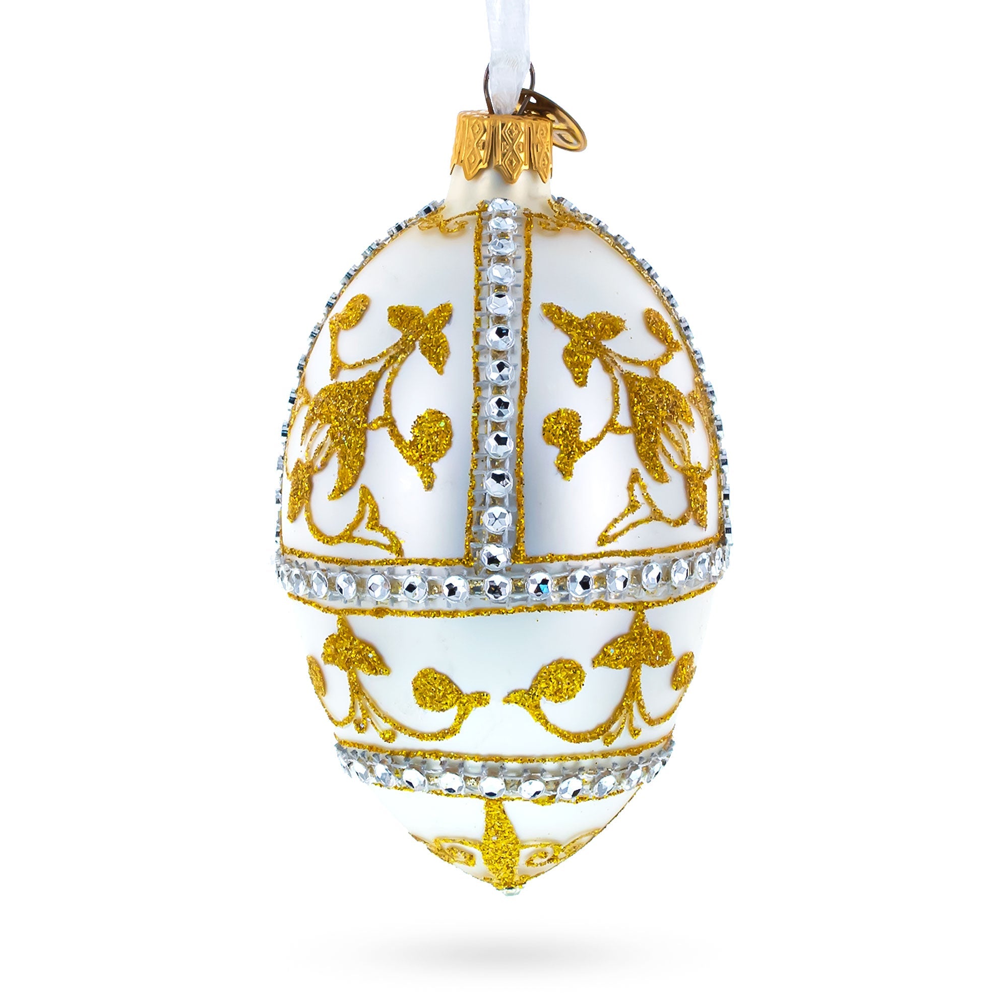 Jeweled Golden Chandelier on Silver Glass Egg Christmas Ornament 4 Inches