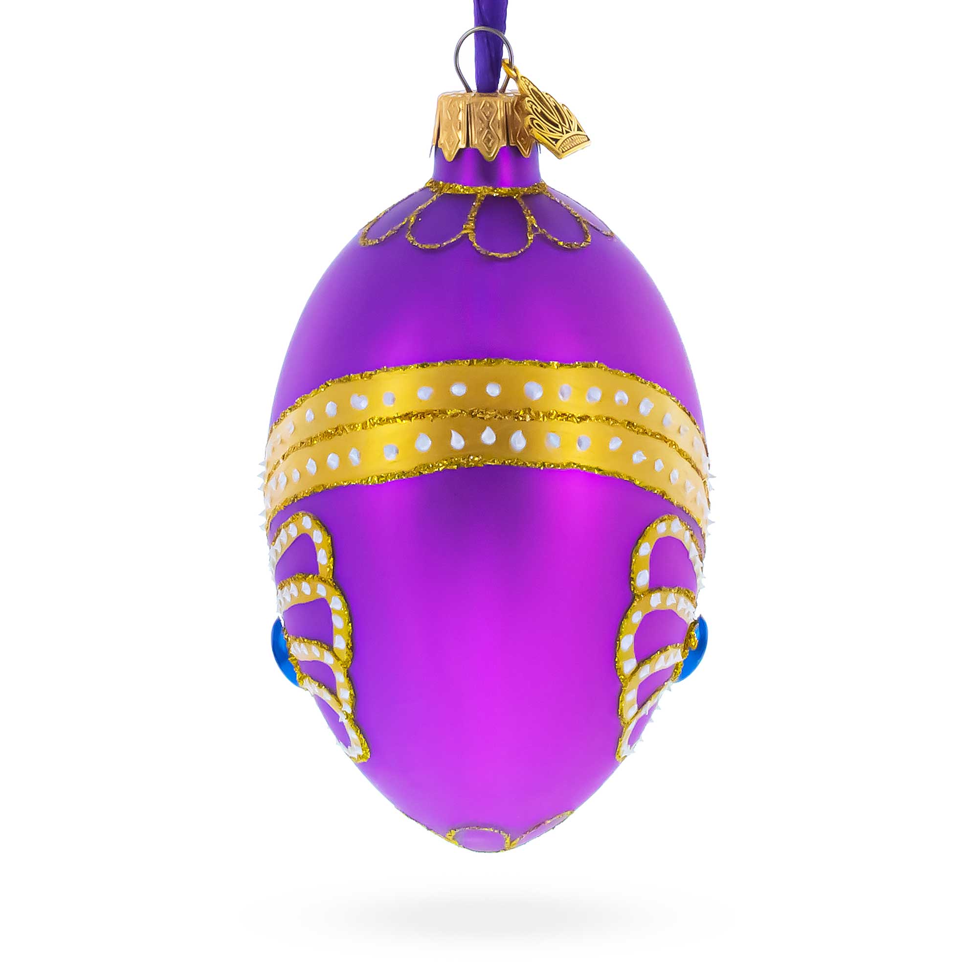 Golden Pattern on Purple Glass Egg Christmas Ornament 4 Inches