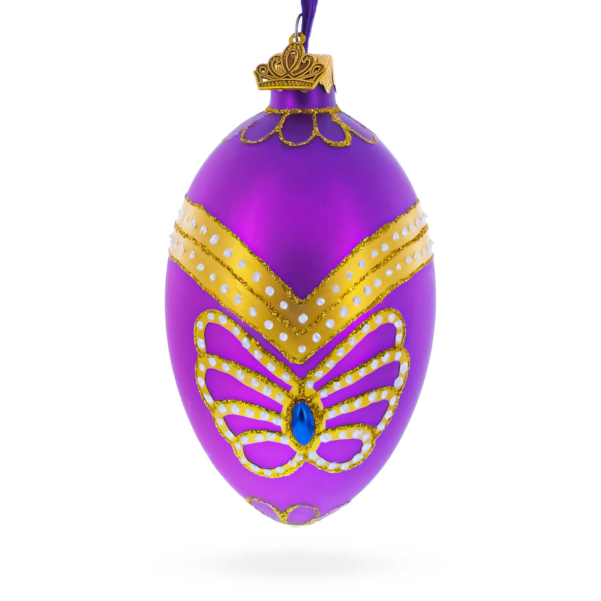 Golden Pattern on Purple Glass Egg Christmas Ornament 4 Inches