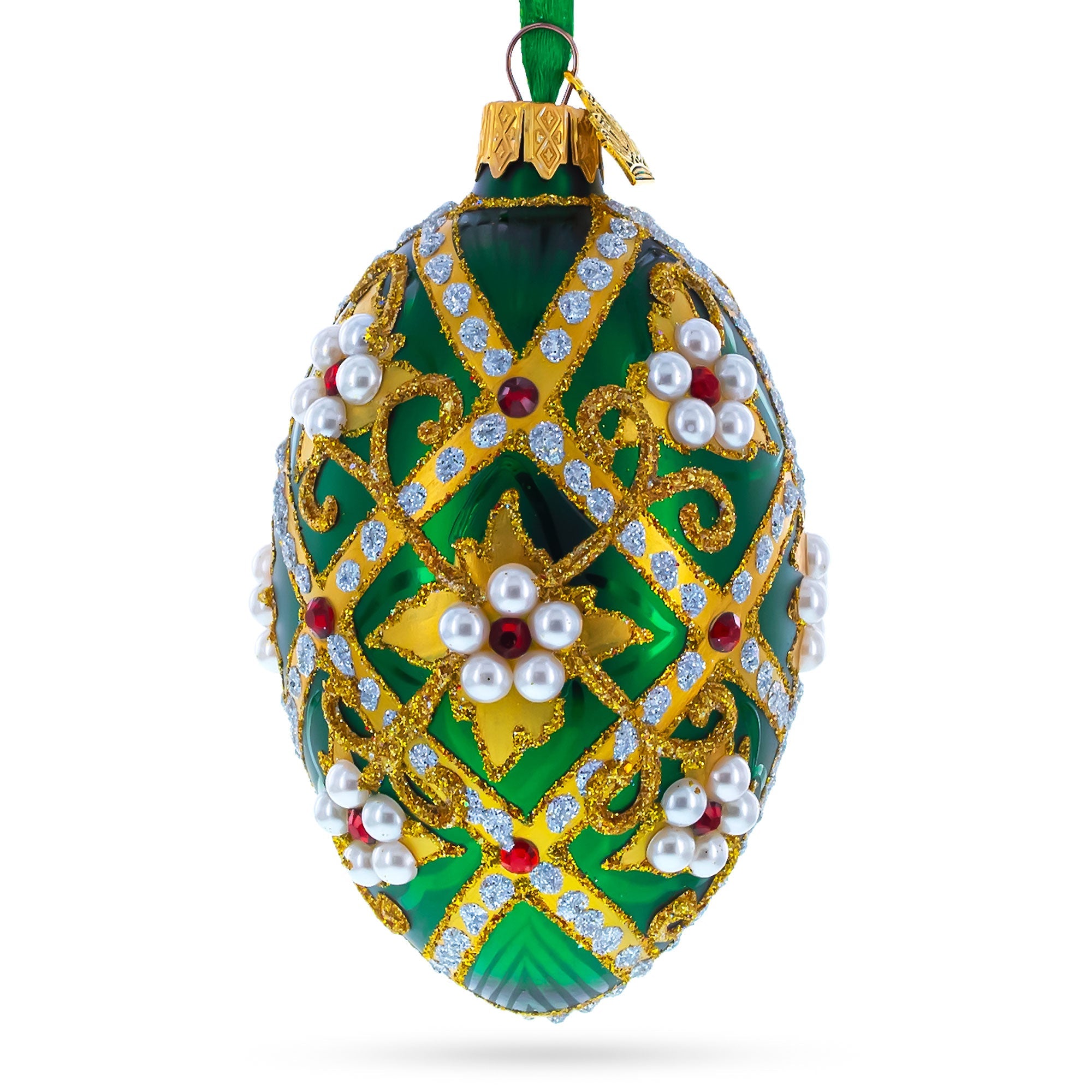 Jewels on Green Glass Egg Christmas Ornament 4 Inches