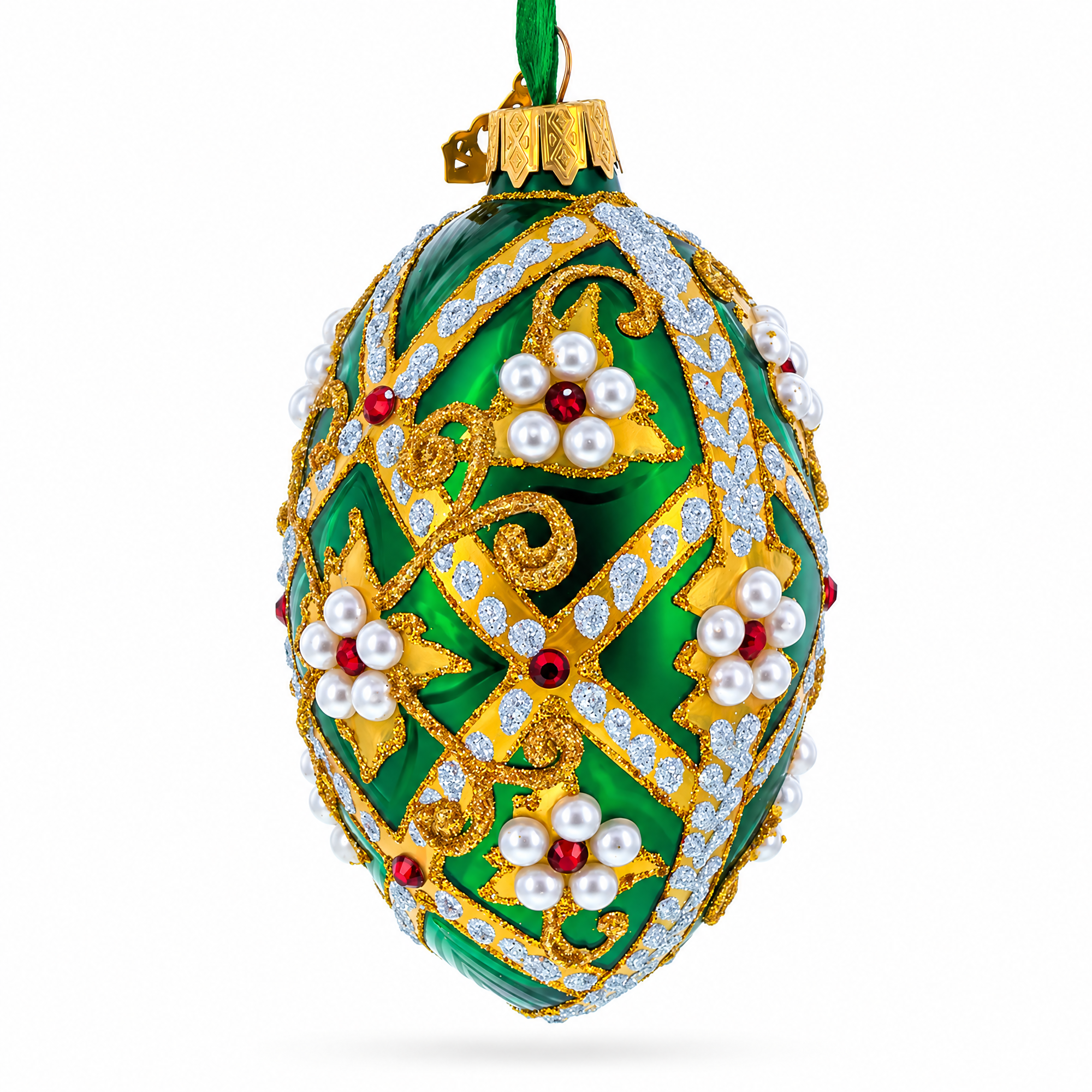 Jewels on Green Glass Egg Christmas Ornament 4 Inches