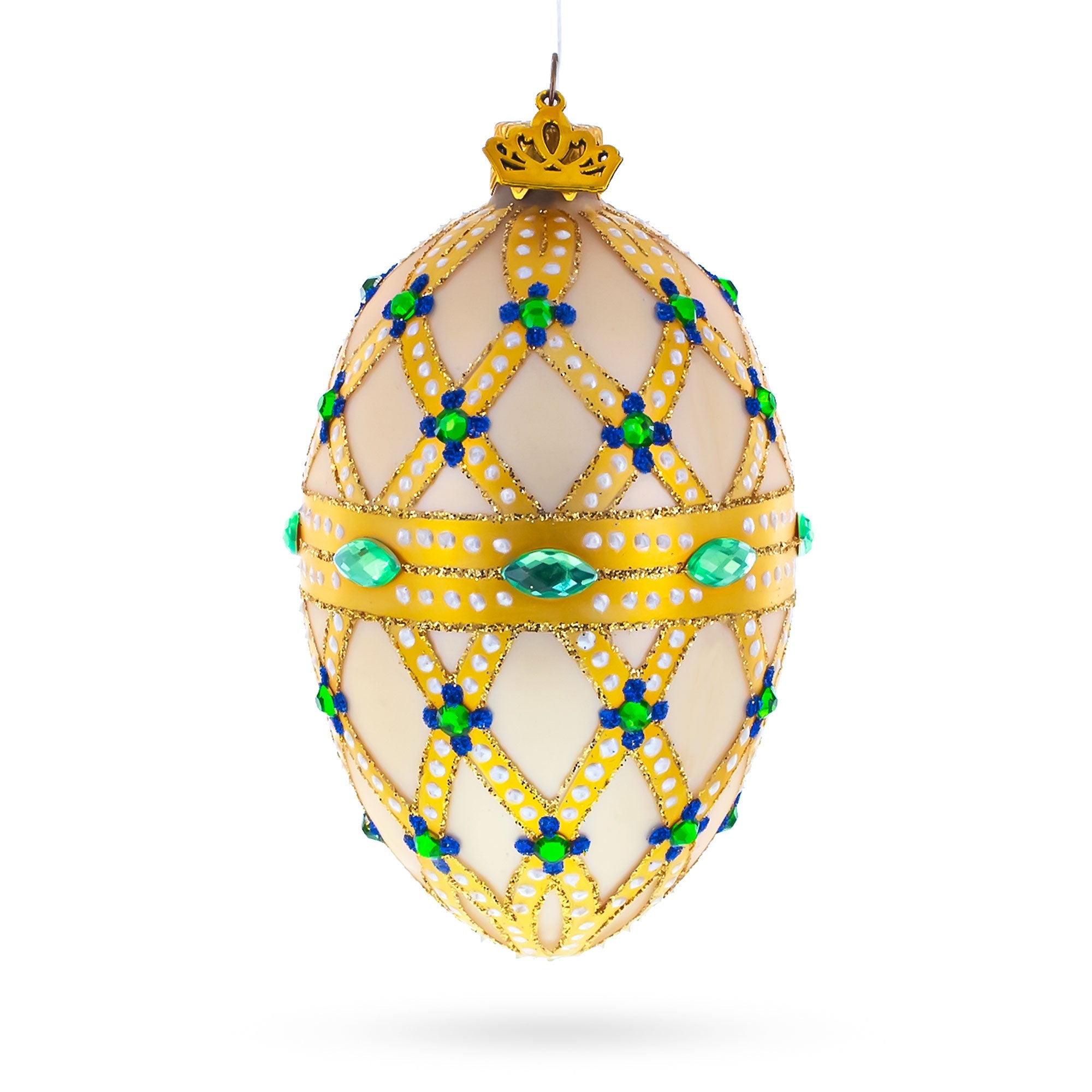 Yellow Trellis, Green Gems & Royal Blue Accents Glass Egg Ornament 4 Inches