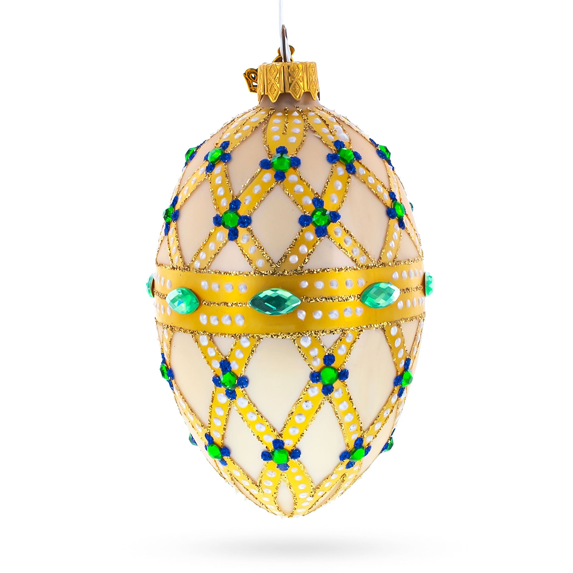 Yellow Trellis, Green Gems & Royal Blue Accents Glass Egg Ornament 4 Inches
