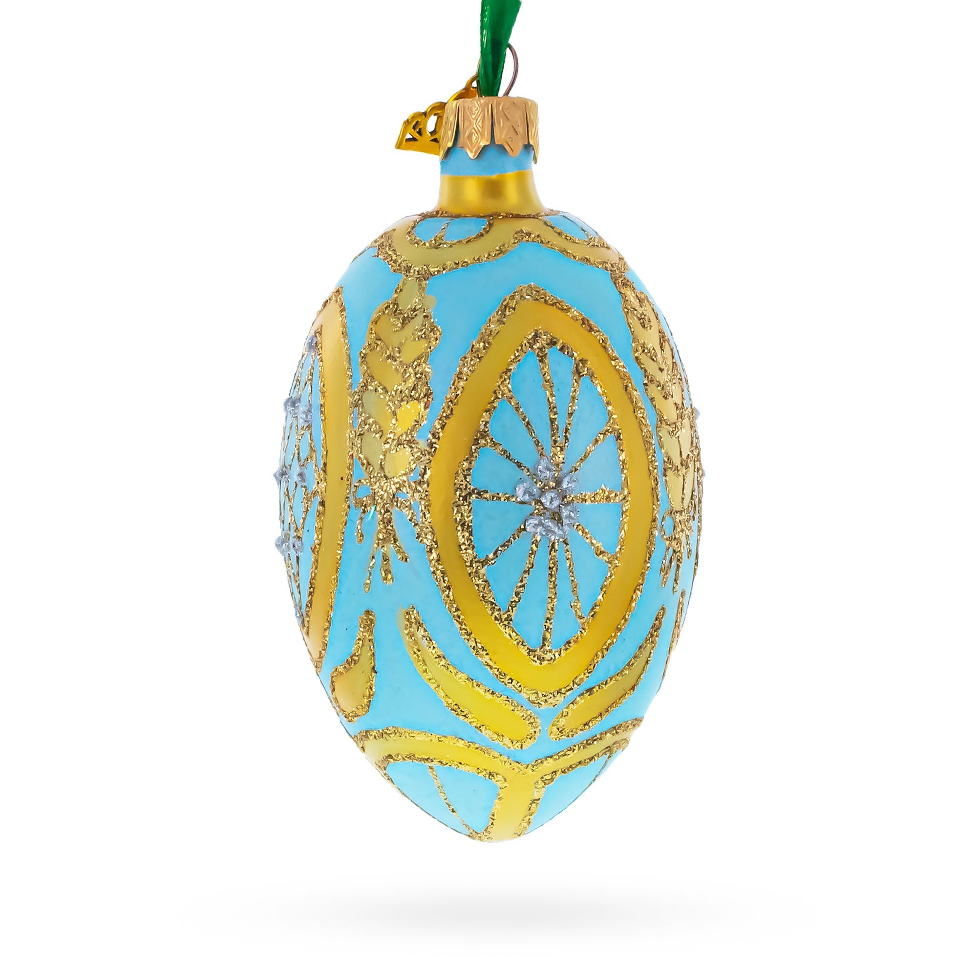 Golden Wheat on Turquoise Glass Egg Christmas Ornament 4 Inches