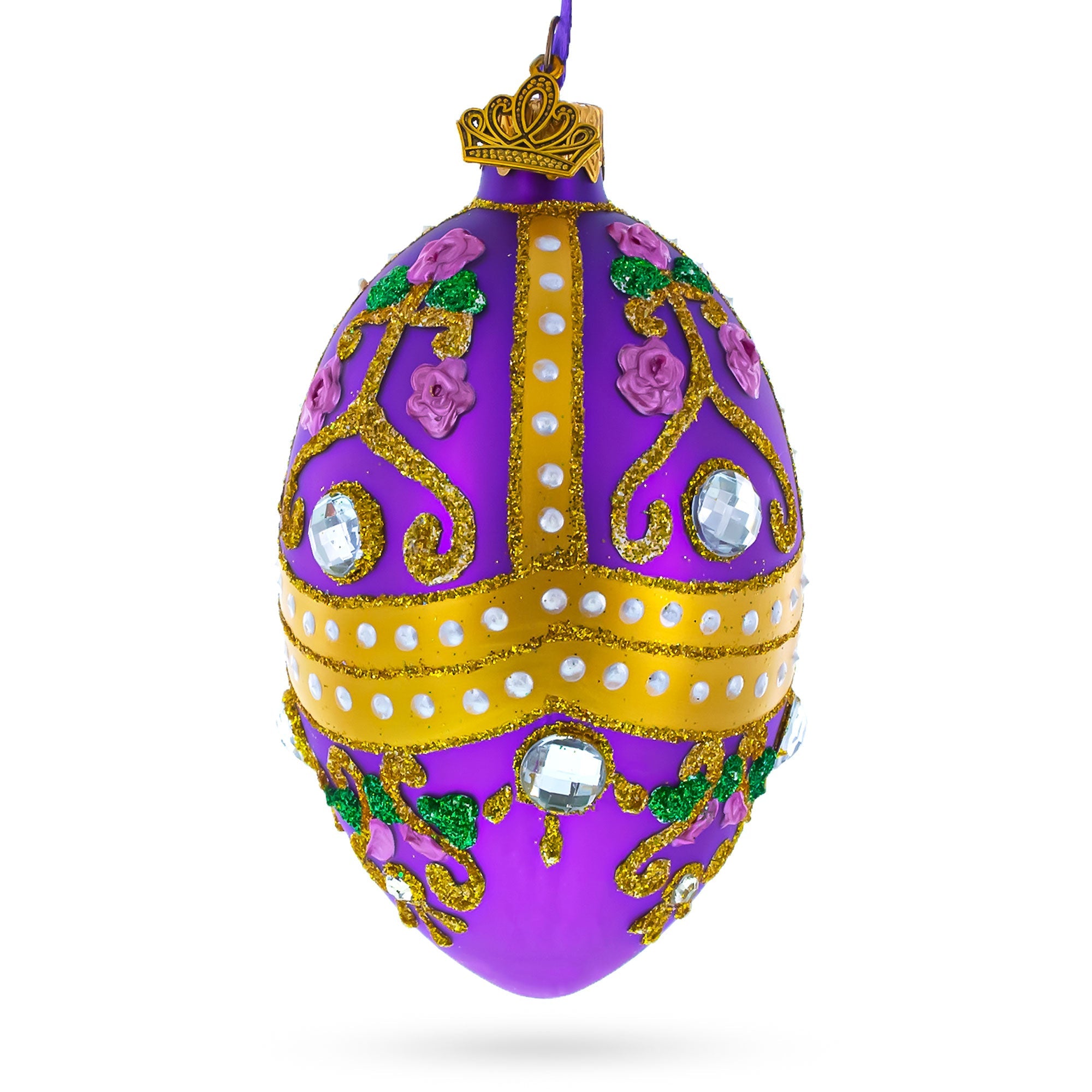 Jeweled Scrolls on Purple Glass Egg Christmas Ornament 4 Inches