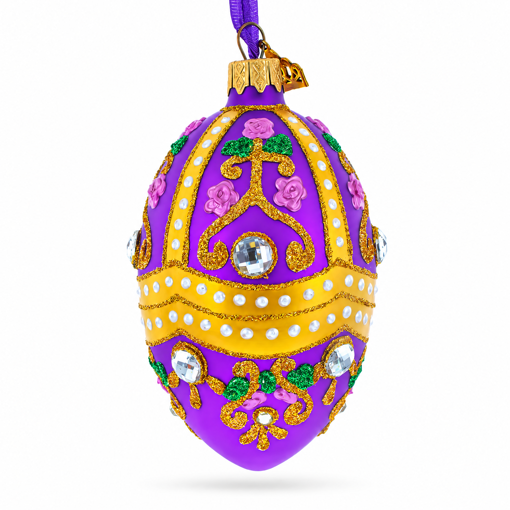 Jeweled Scrolls on Purple Glass Egg Christmas Ornament 4 Inches