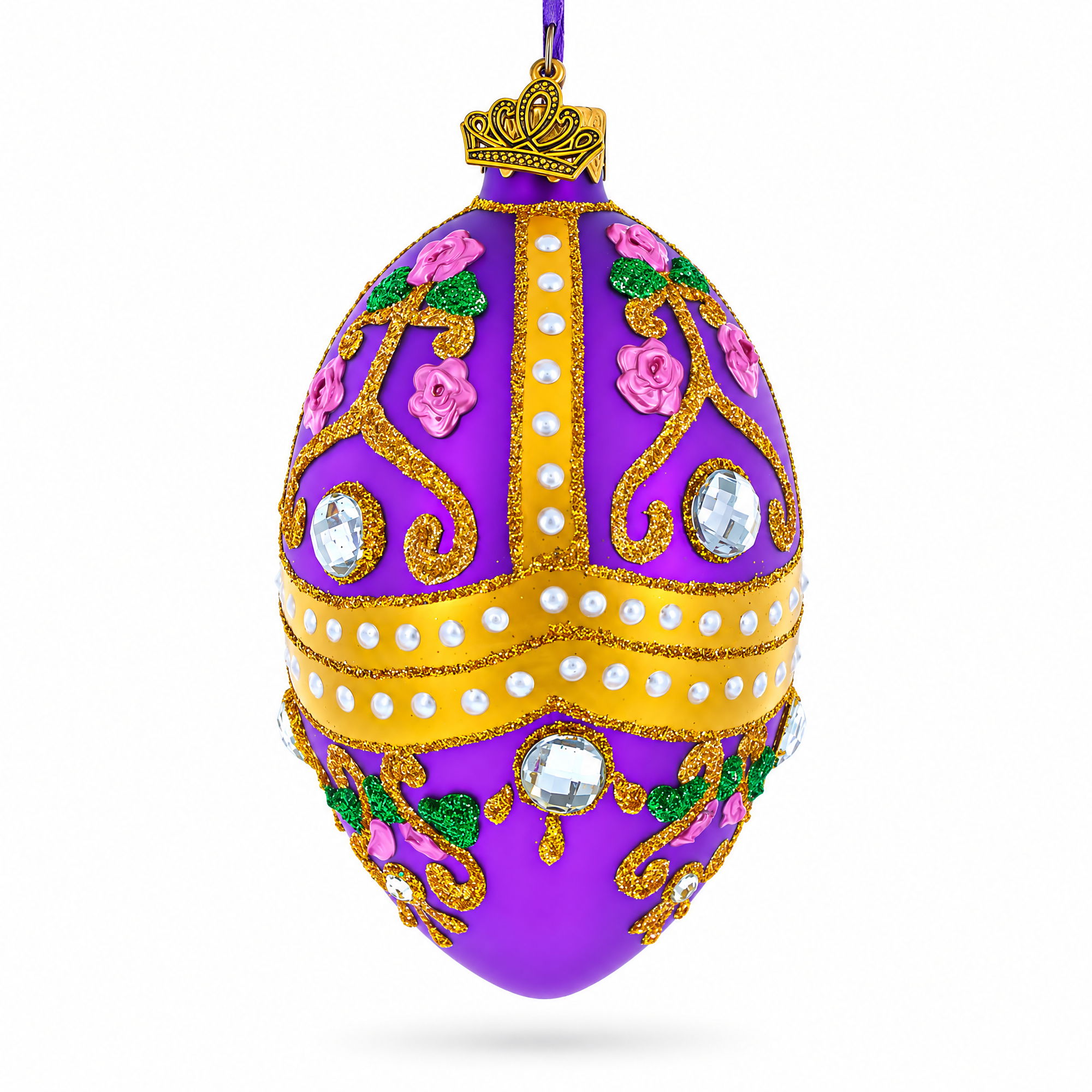Jeweled Scrolls on Purple Glass Egg Christmas Ornament 4 Inches