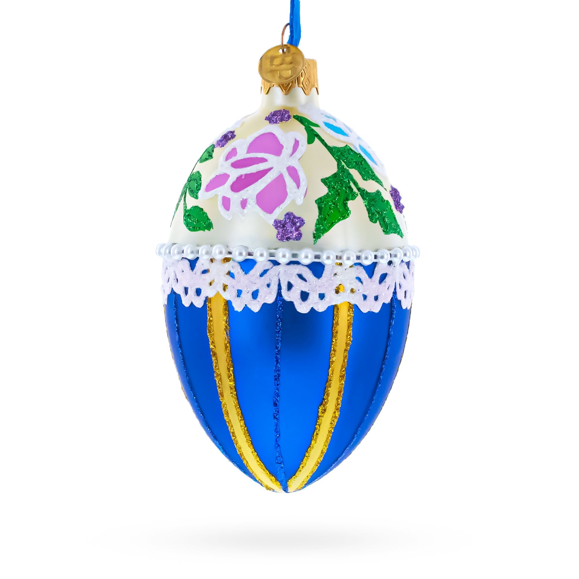 Flowers on Beige and Blue Glass Egg Christmas Ornament 4 Inches