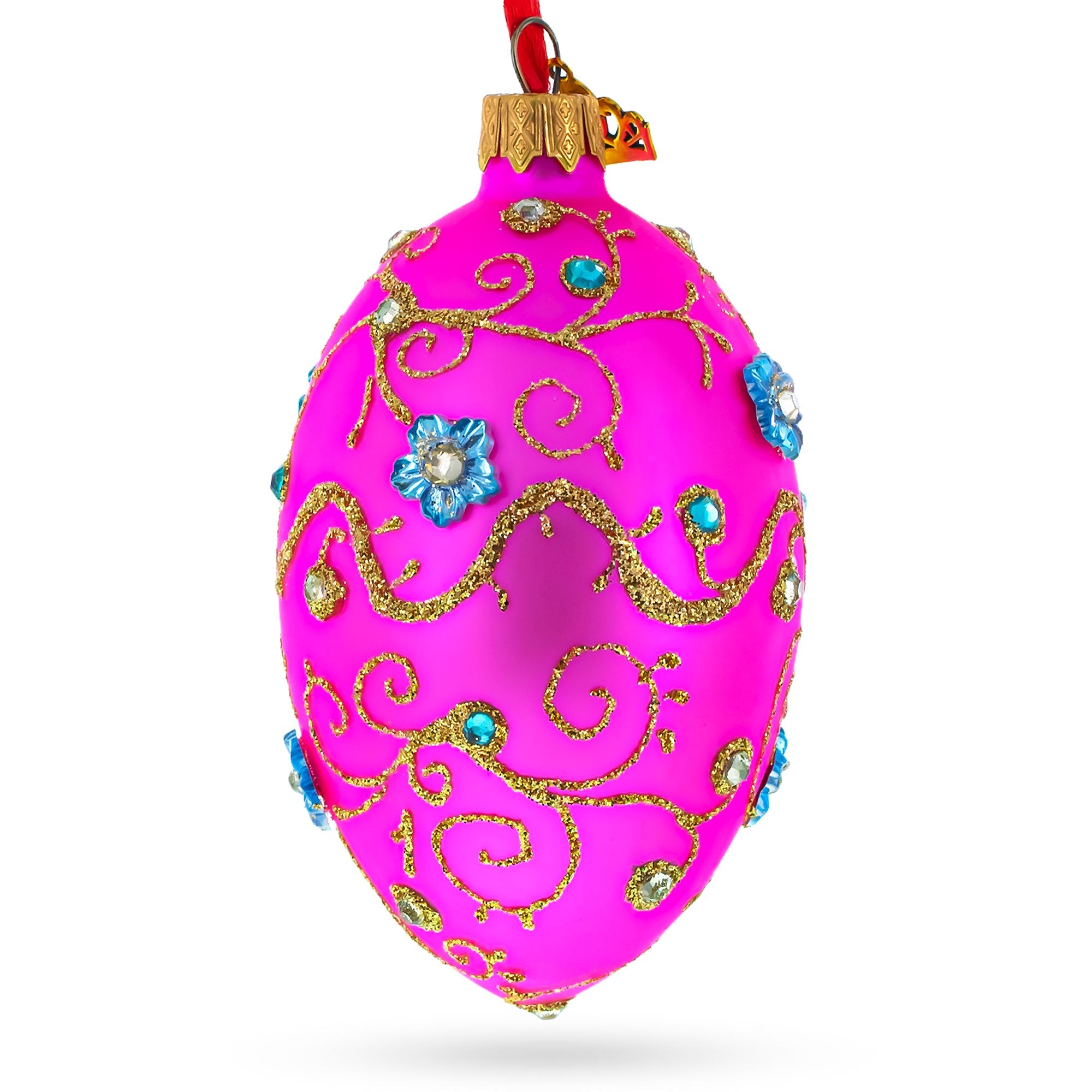 Diamond Swirl Flowers Pink Glass Egg Christmas Ornament 4 Inches