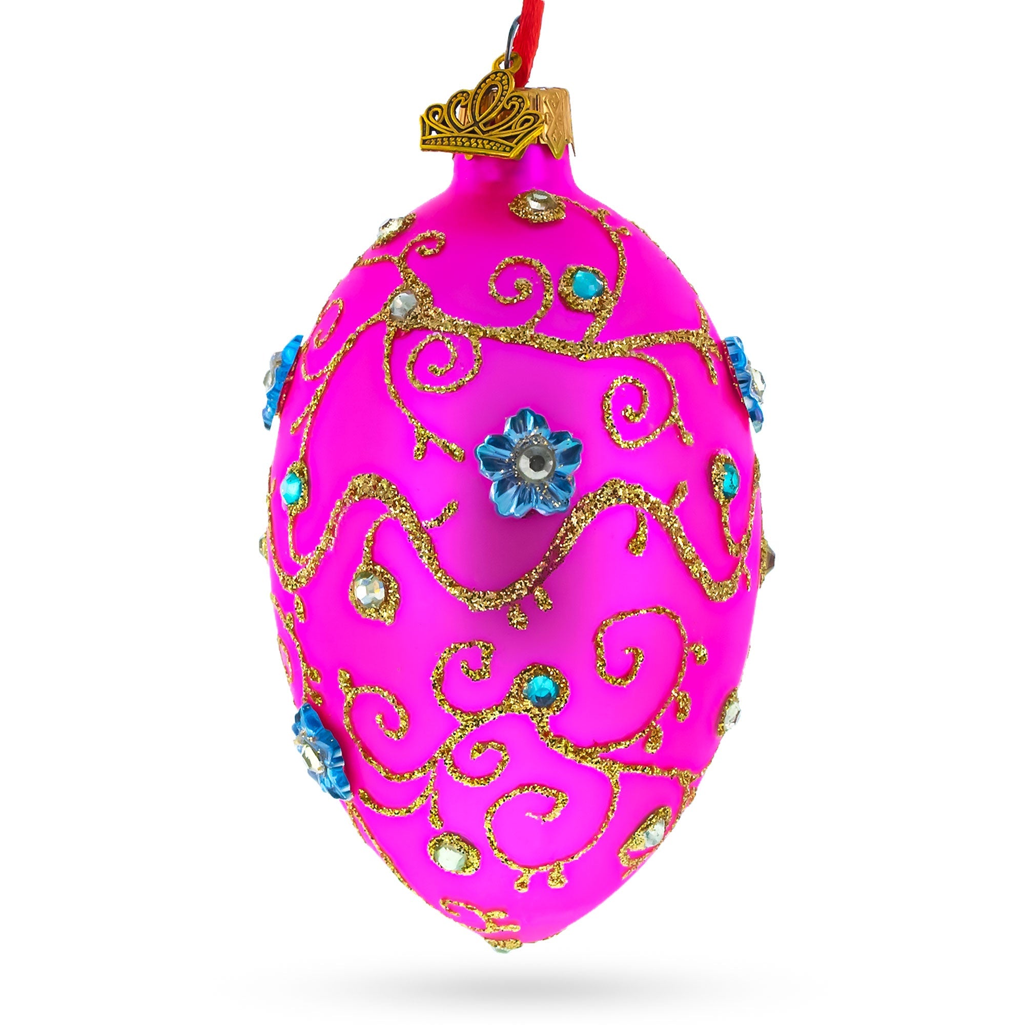 Diamond Swirl Flowers Pink Glass Egg Christmas Ornament 4 Inches