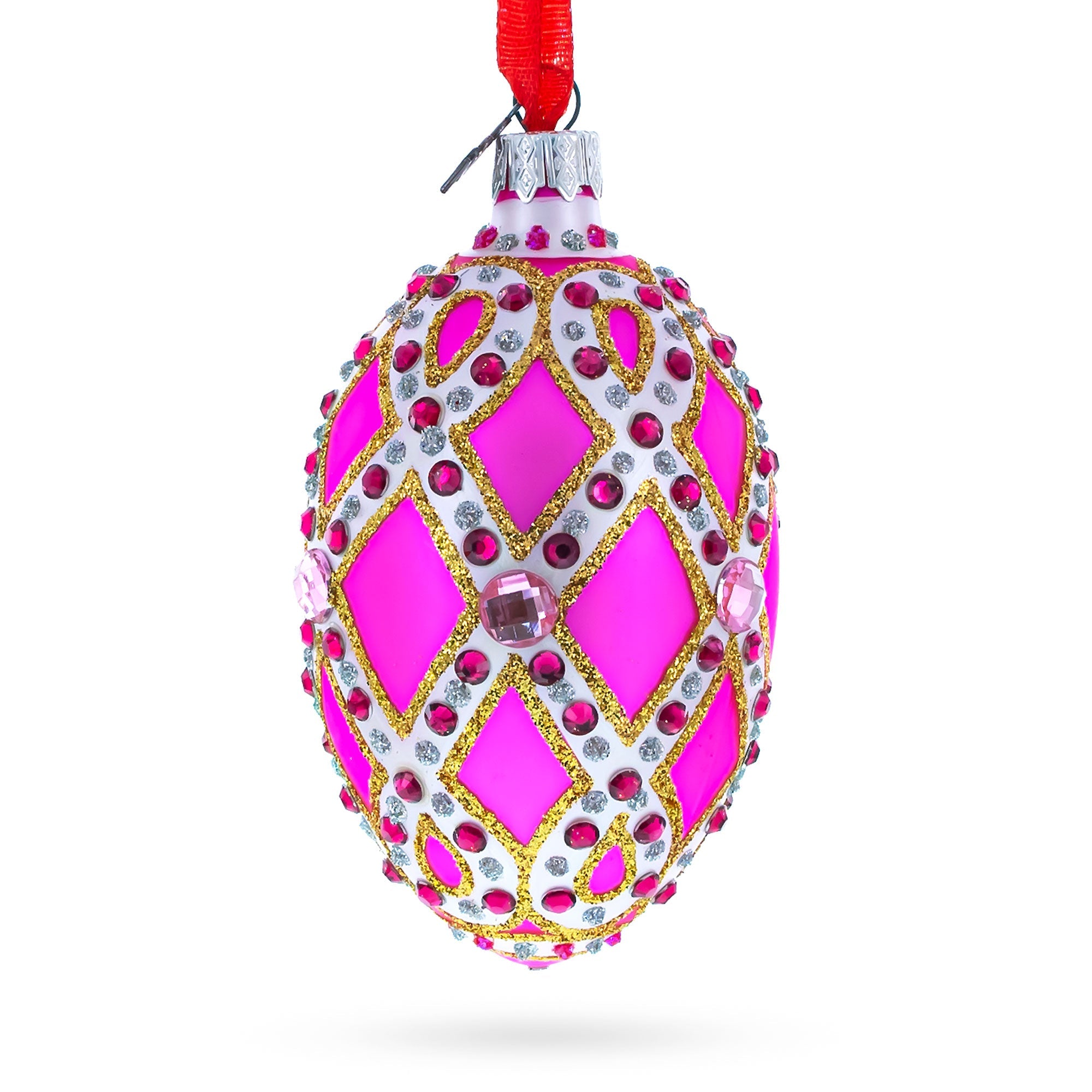 Bejeweled Trellis on Pink Glass Egg Christmas Ornament 4 Inches