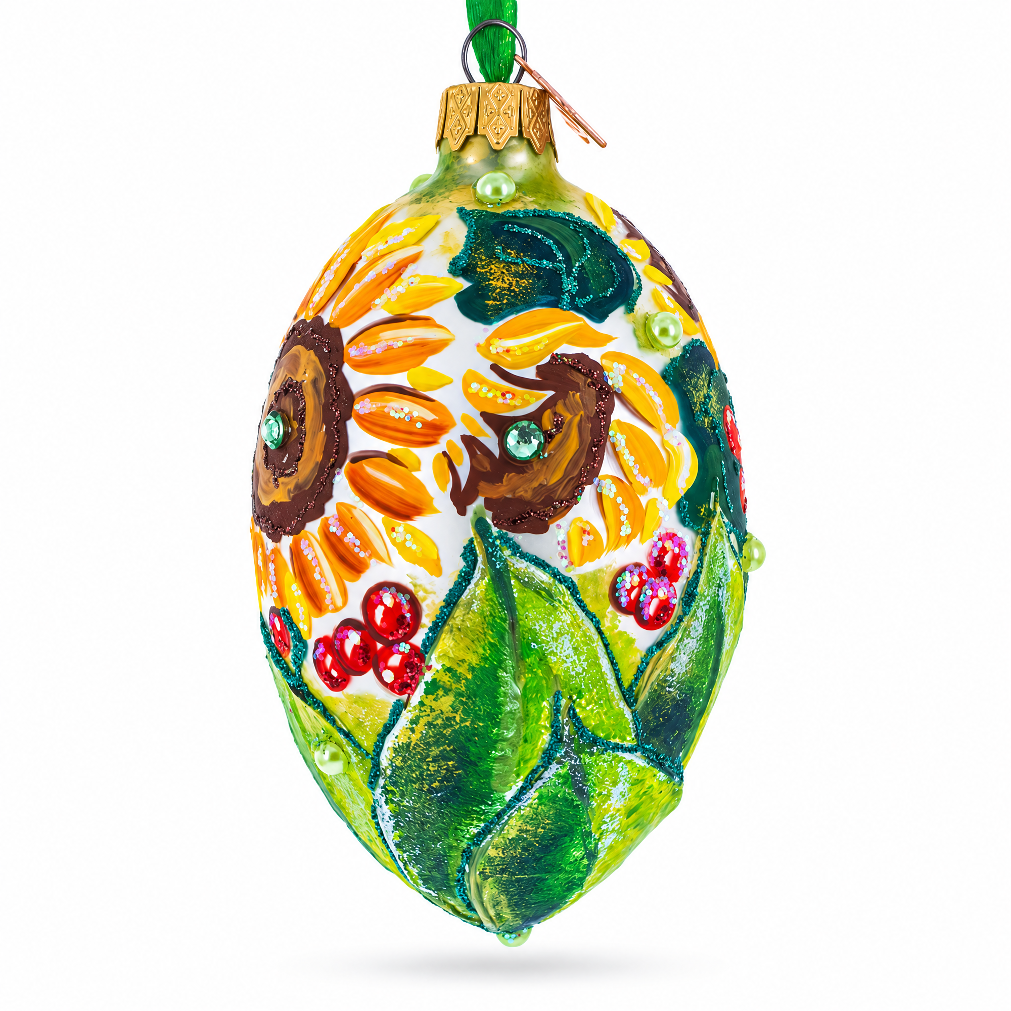 Sunflowers and Berries Glass Egg Ornament 4 Inches