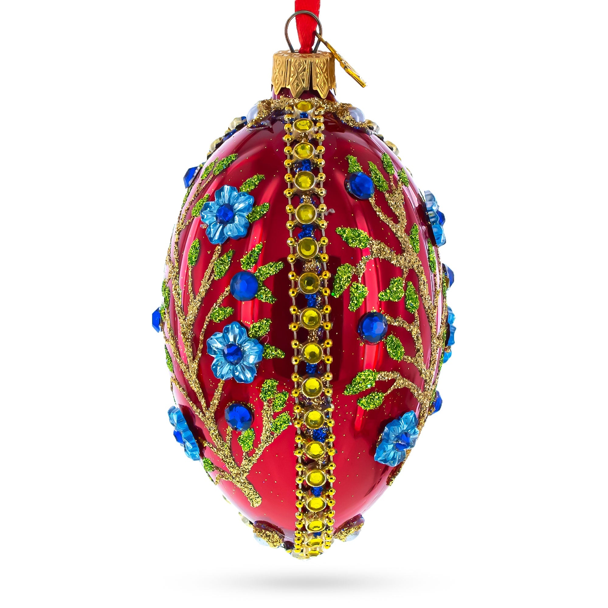 Blue Bejeweled Flowers on Red Glass Egg Ornament 4 Inches