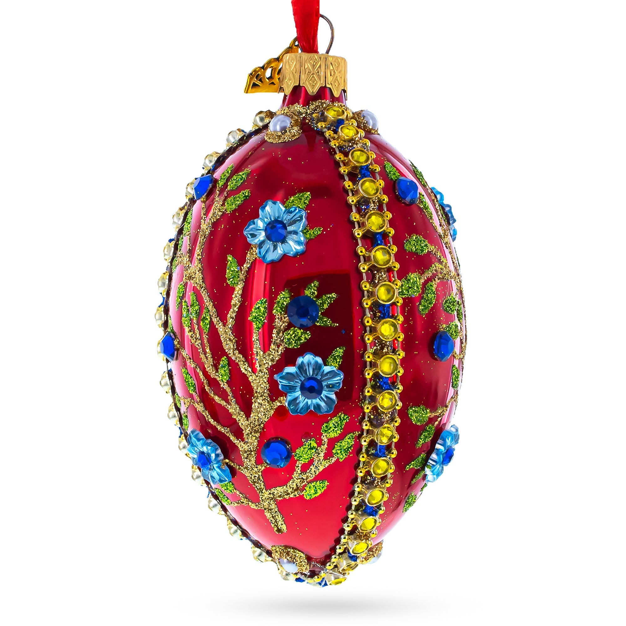 Blue Bejeweled Flowers on Red Glass Egg Ornament 4 Inches