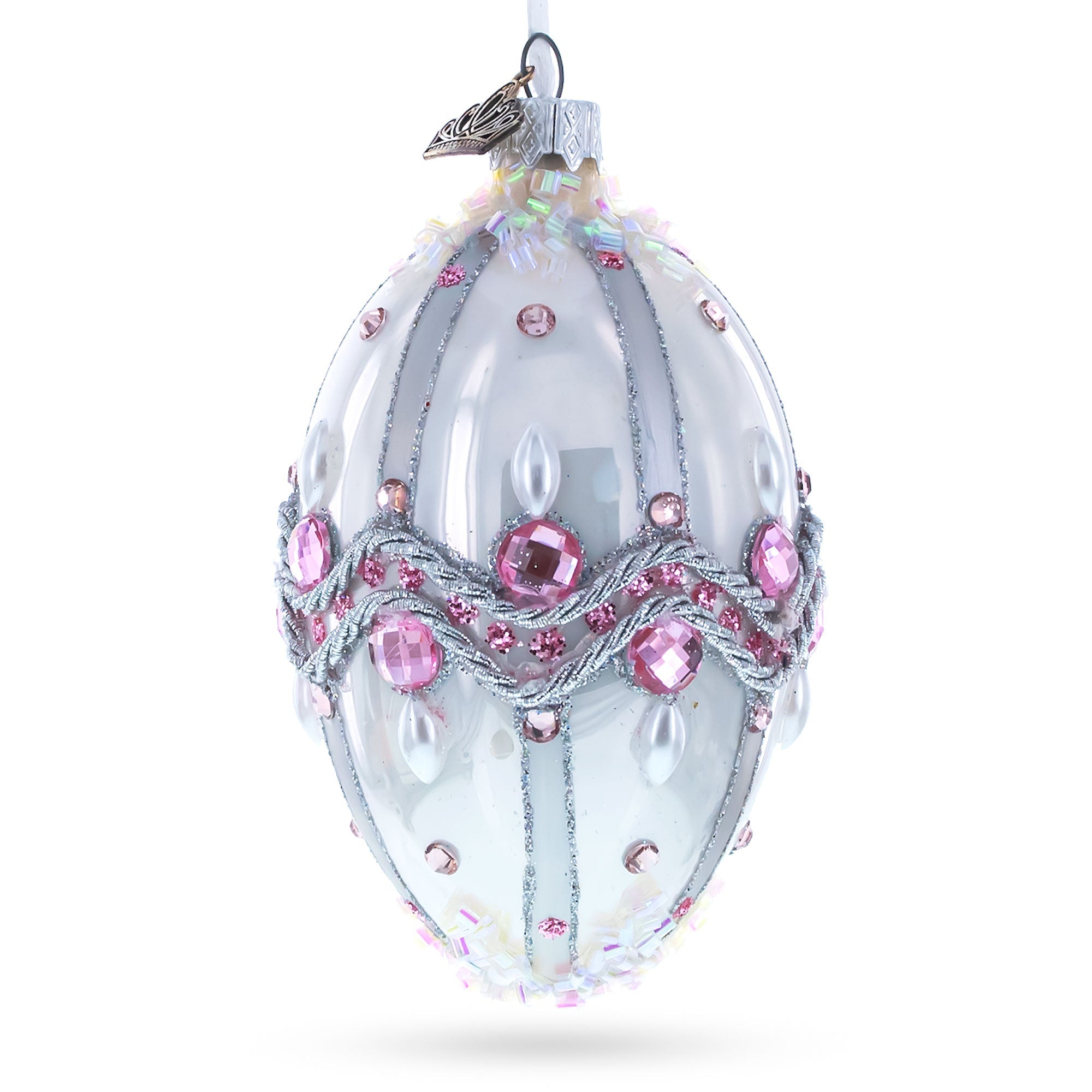 Pink Jewels on Striped Glass Egg Ornament 4 Inches