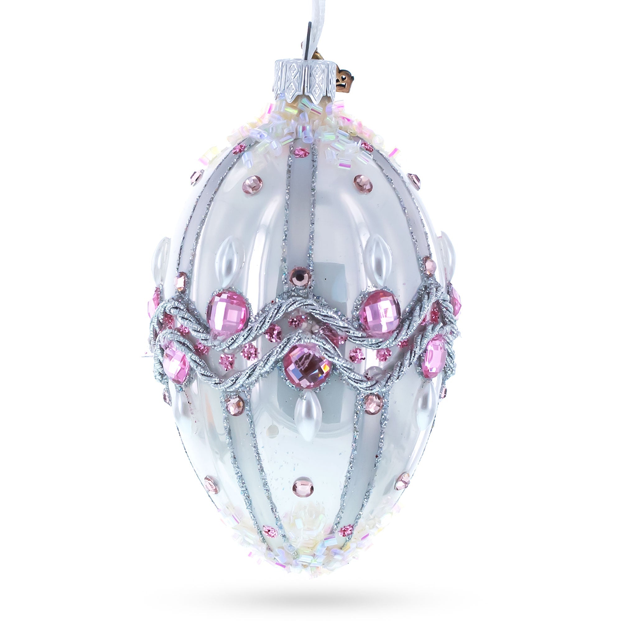 Pink Jewels on Striped Glass Egg Ornament 4 Inches