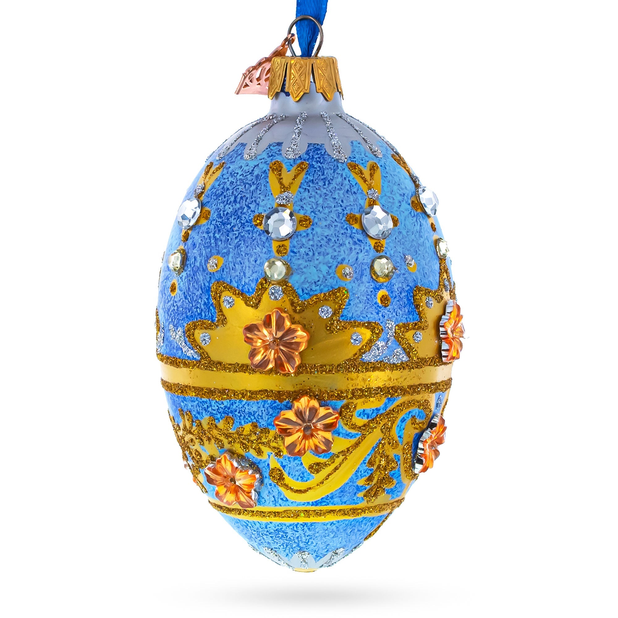 Golden Flowers on Speckled Blue Glass Egg Christmas Ornament 4 Inches
