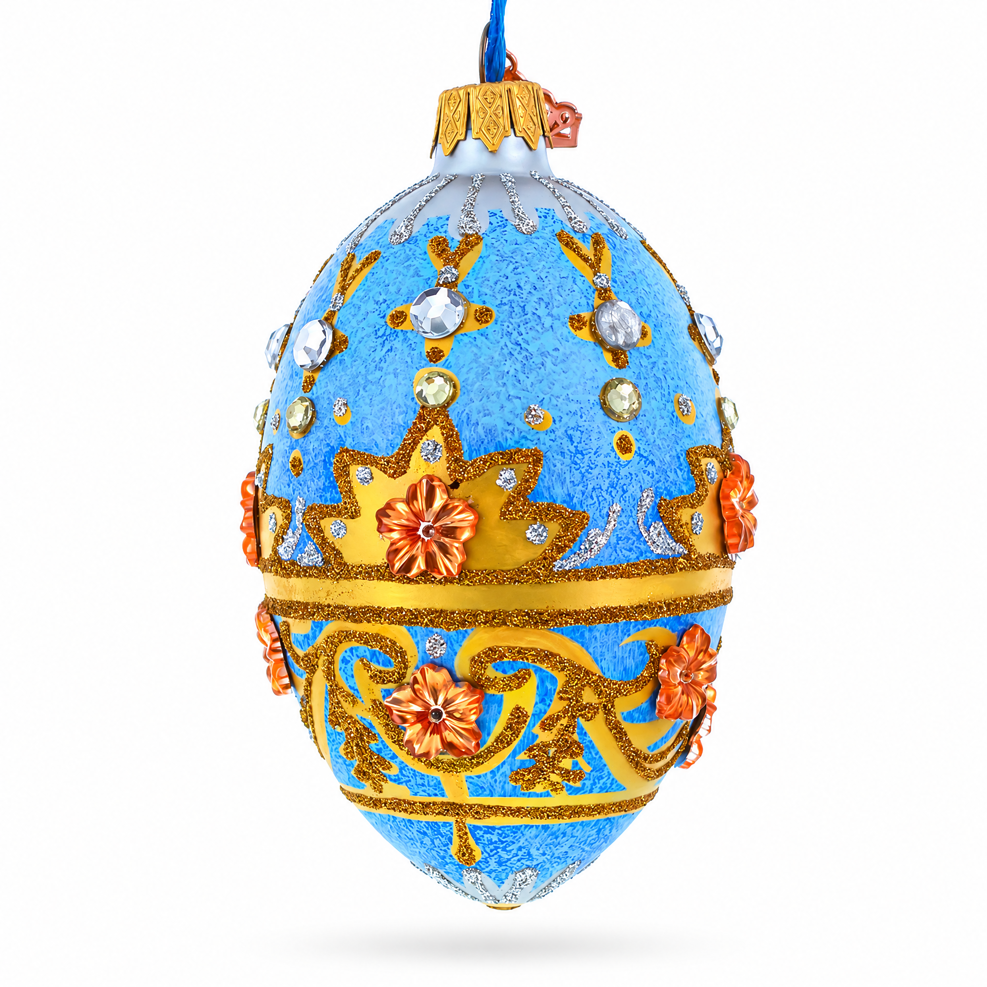 Golden Flowers on Speckled Blue Glass Egg Christmas Ornament 4 Inches