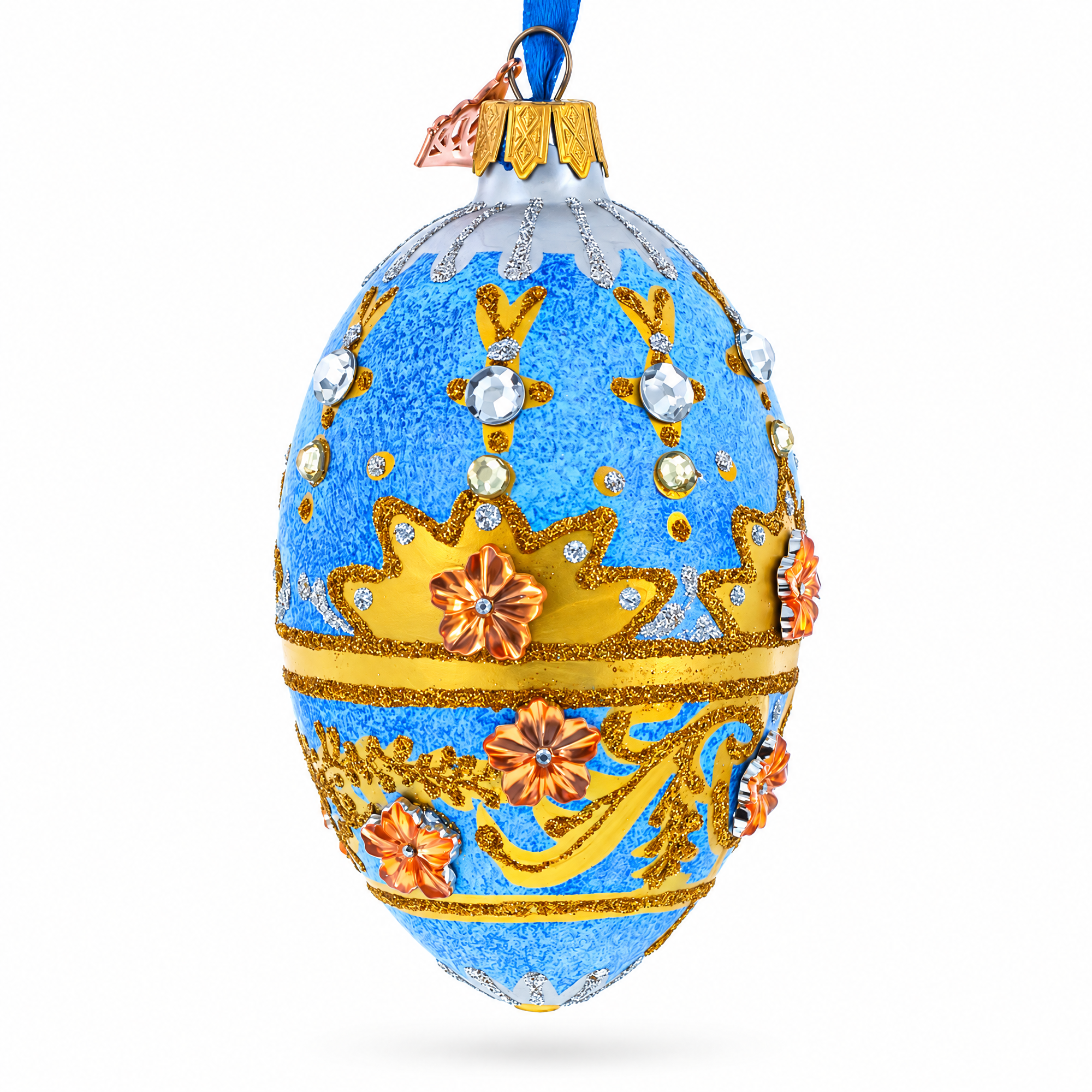 Golden Flowers on Speckled Blue Glass Egg Christmas Ornament 4 Inches