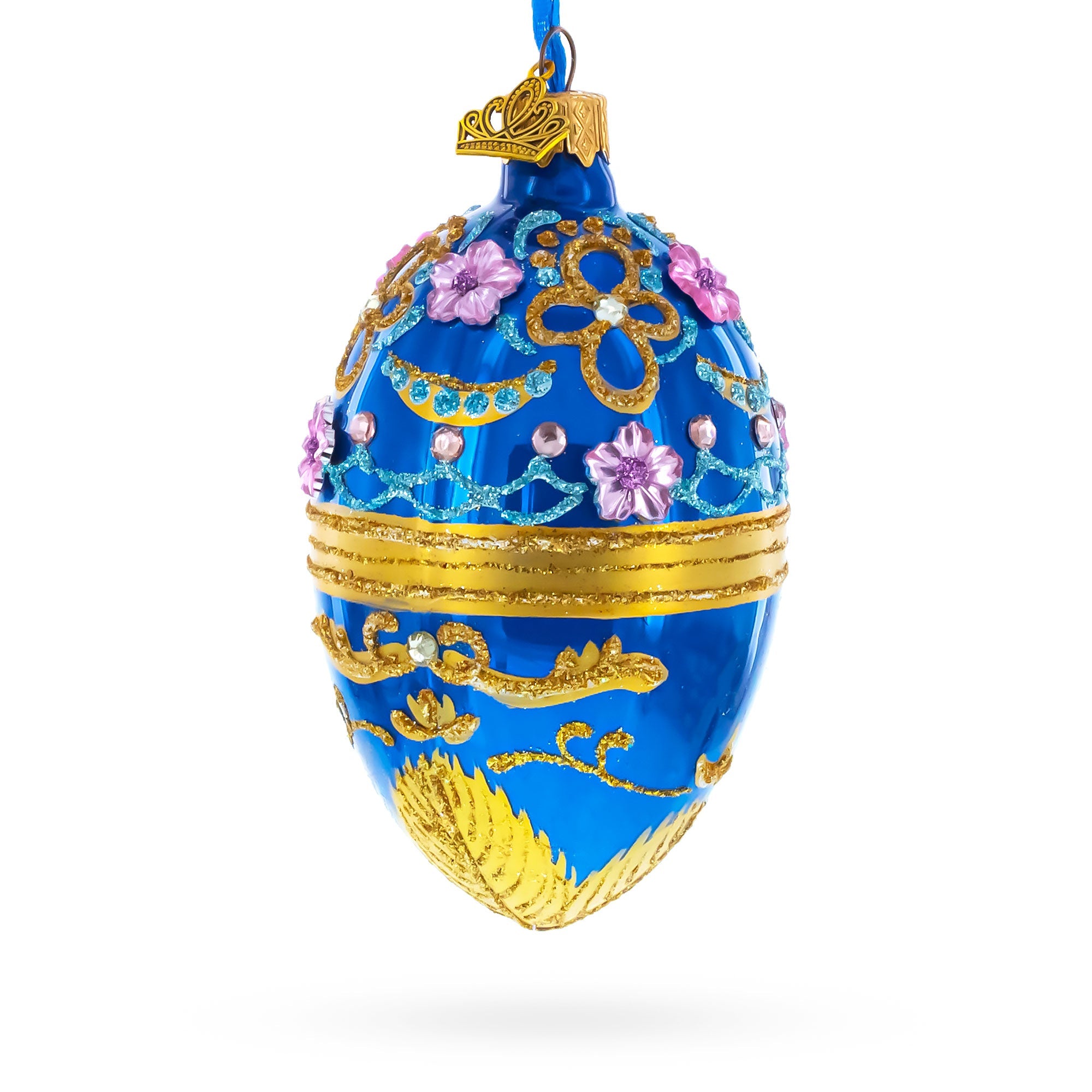 Flowers on Glossy Blue Glass Egg Christmas Ornament 4 Inches