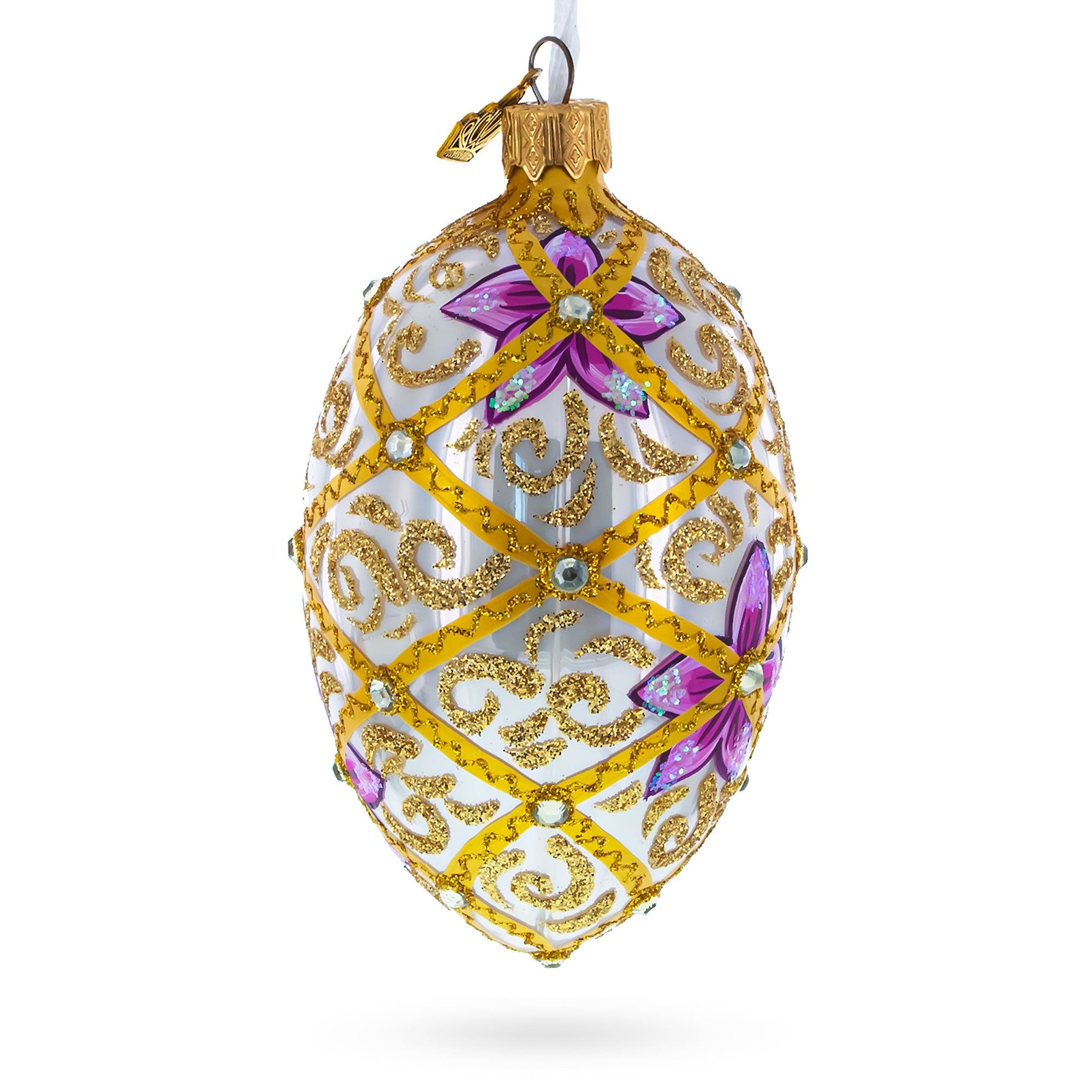 Purple Flowers on Golden Scroll Glass Egg Christmas Ornament 4 Inches