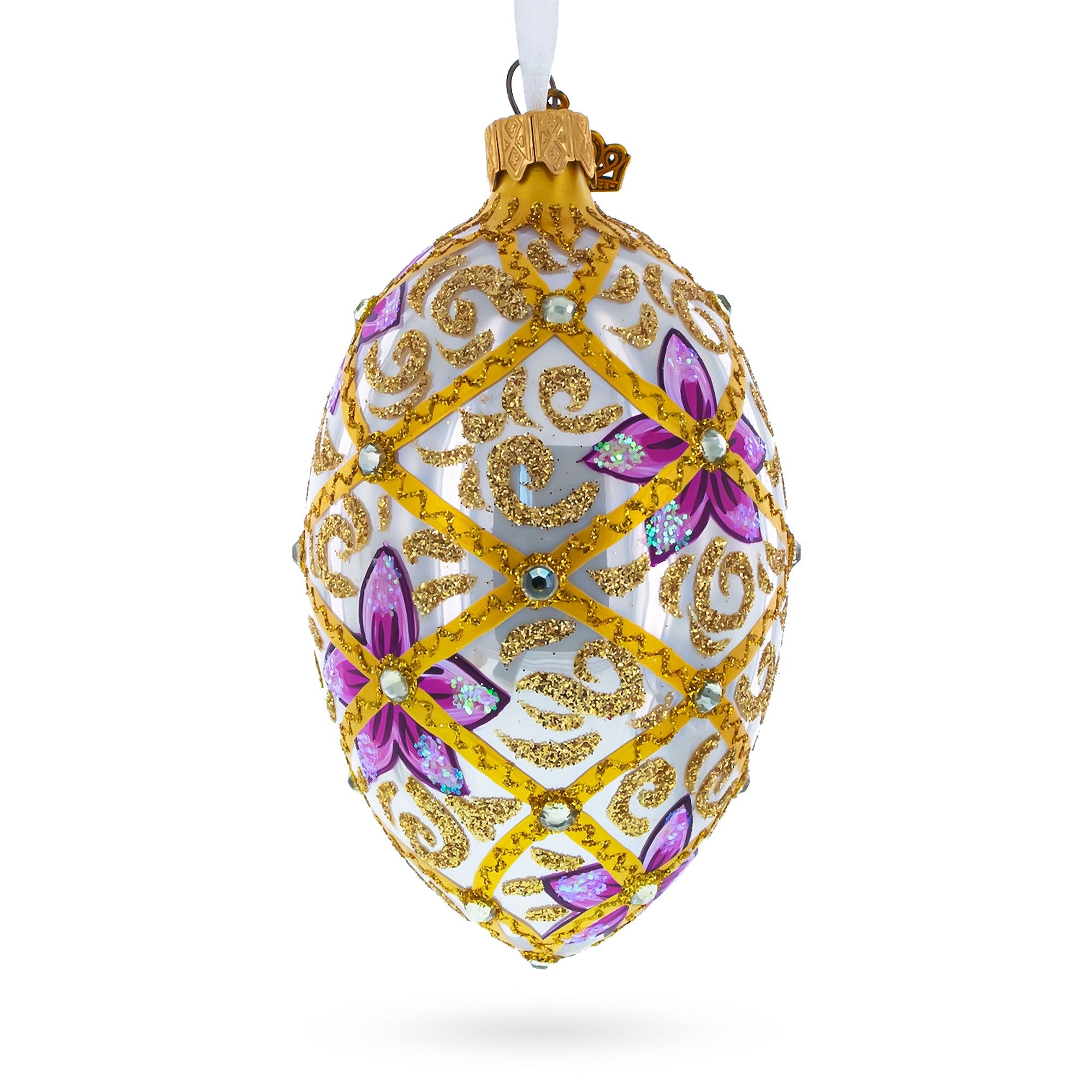 Purple Flowers on Golden Scroll Glass Egg Christmas Ornament 4 Inches