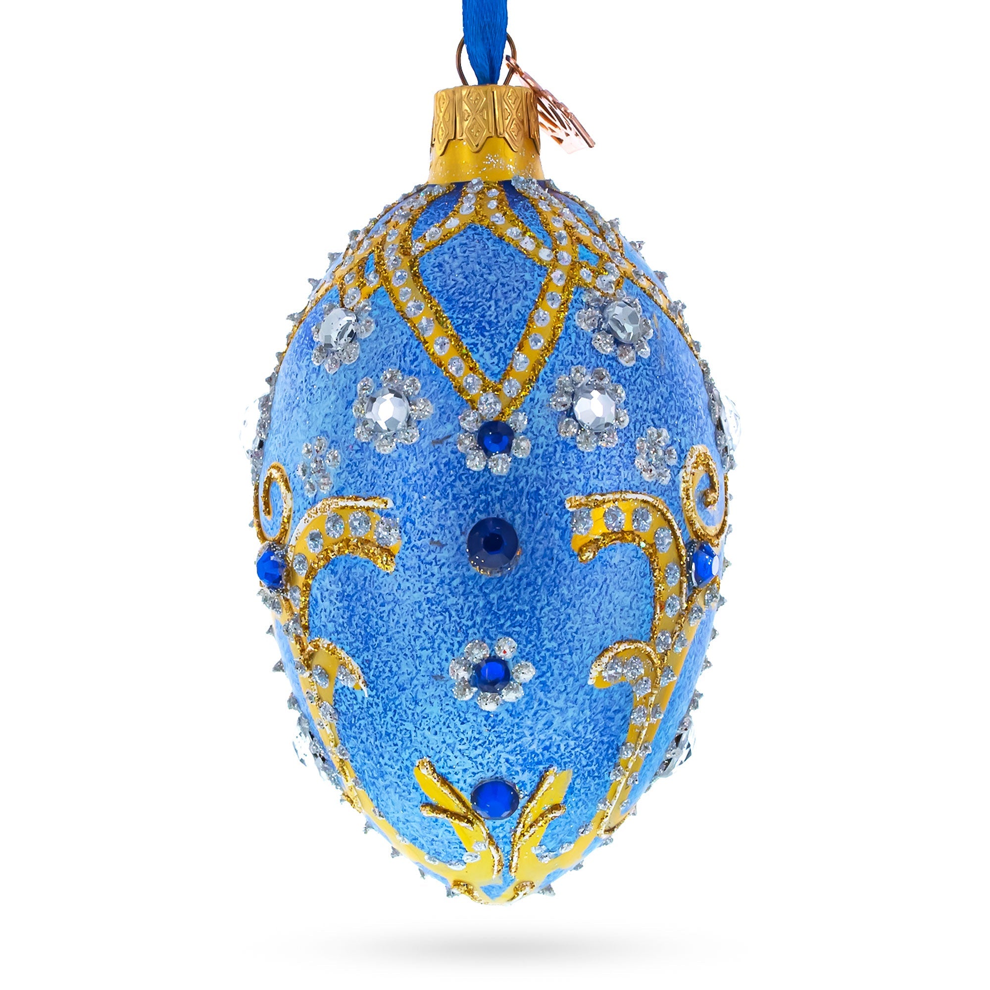 Jewels and Golden Scrolls on Glitter Blue Glass Egg Christmas Ornament 4 Inches