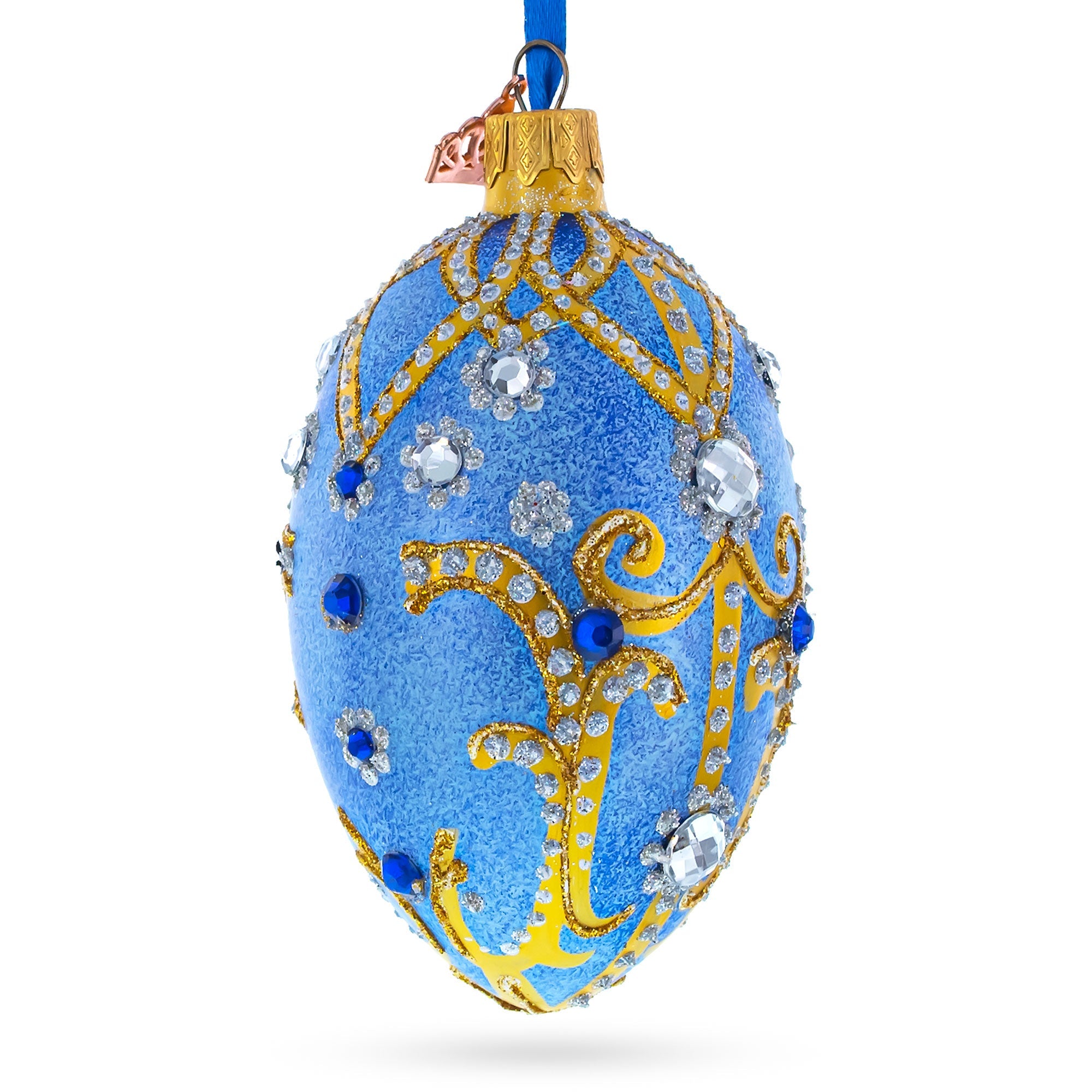 Jewels and Golden Scrolls on Glitter Blue Glass Egg Christmas Ornament 4 Inches