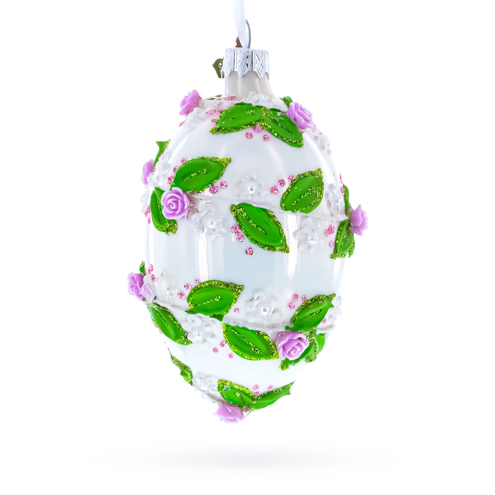 3D Roses in Silver Spiral Glass Egg Ornament 4 Inches