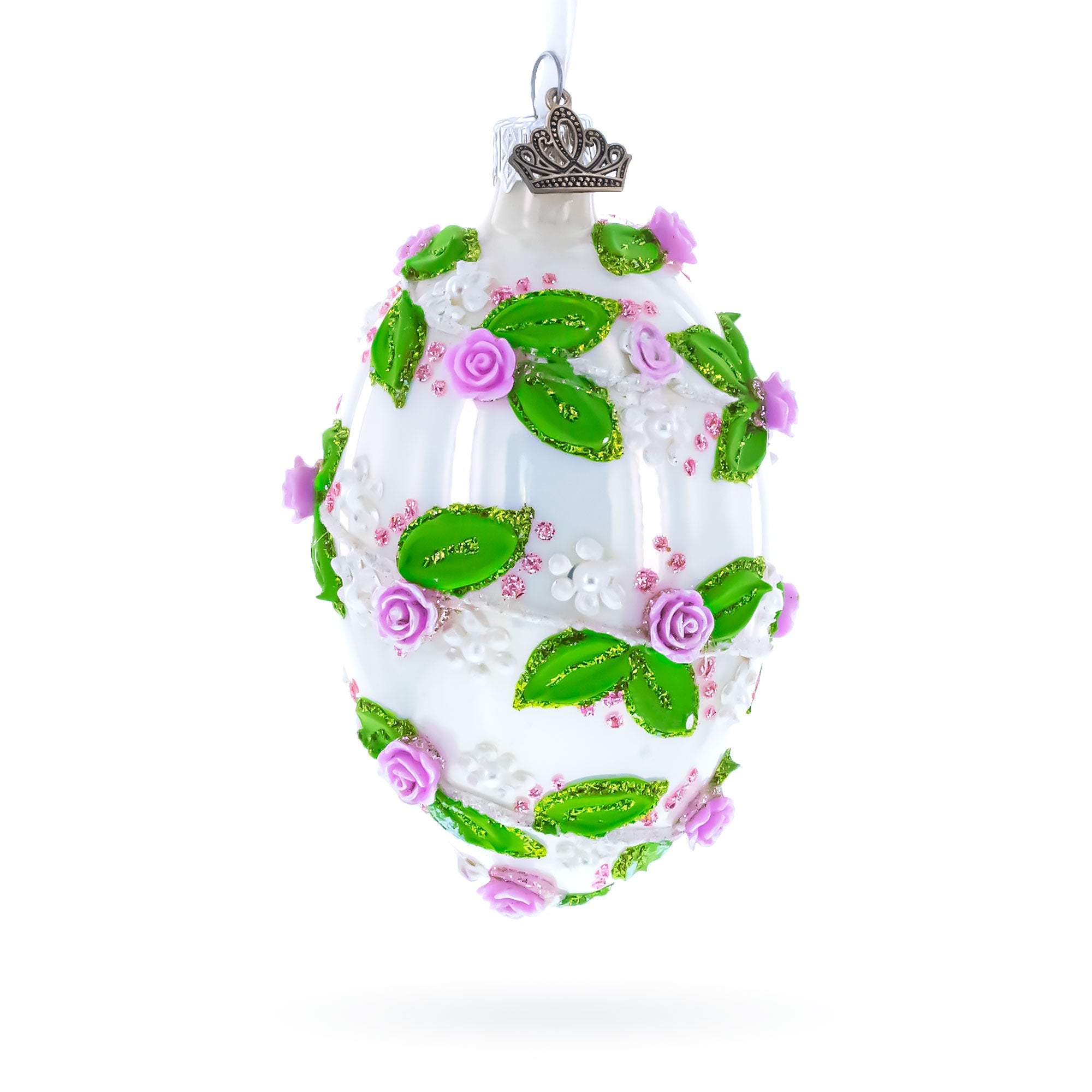 3D Roses in Silver Spiral Glass Egg Ornament 4 Inches