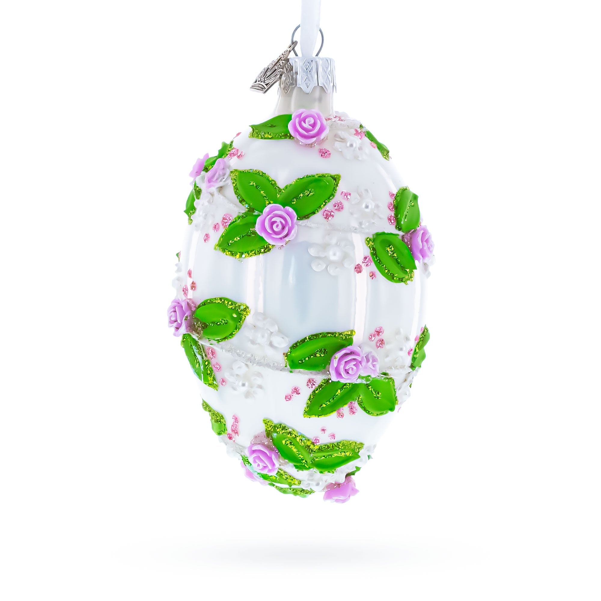 3D Roses in Silver Spiral Glass Egg Ornament 4 Inches