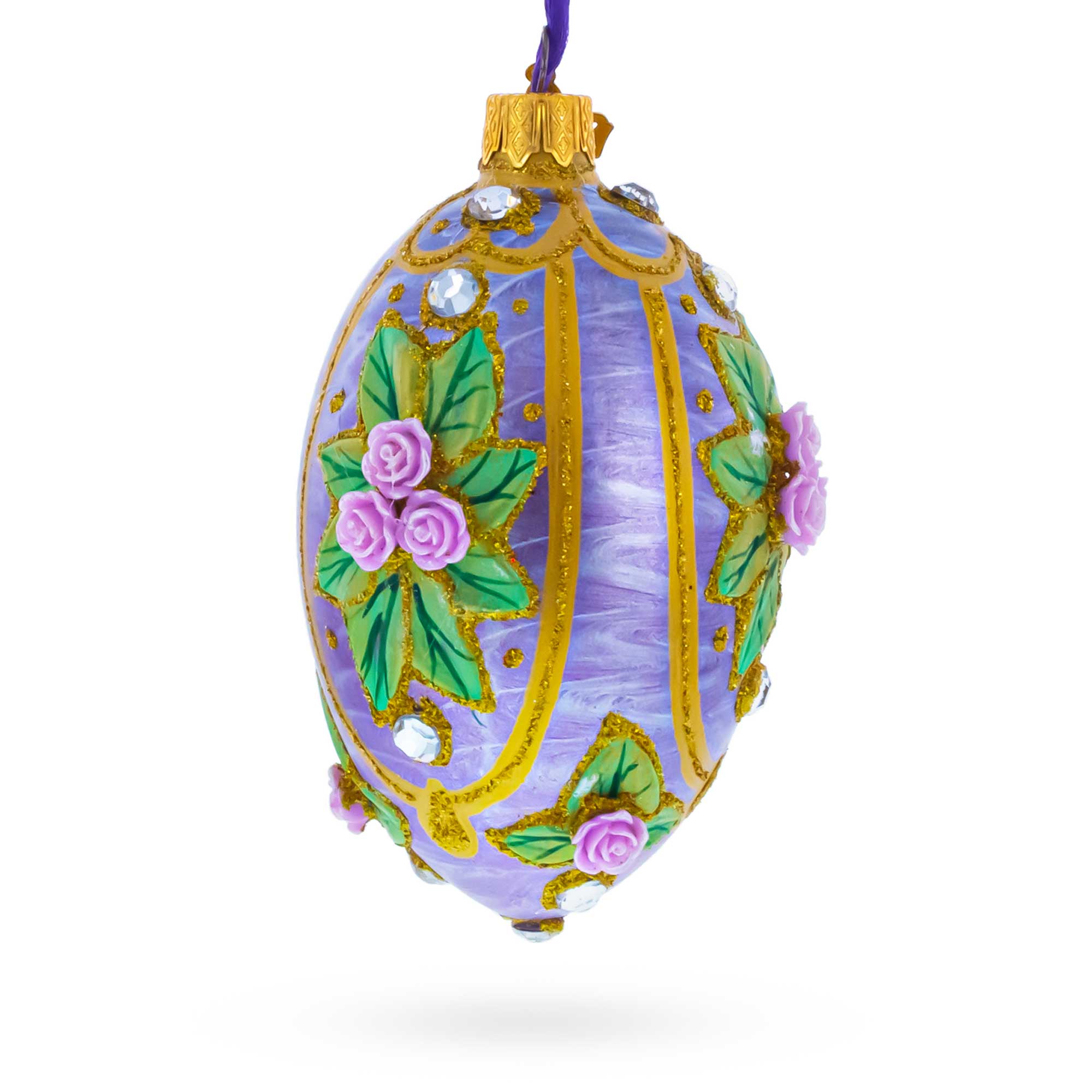 3D Roses Bouquet on Purple Glass Egg Ornament 4 Inches