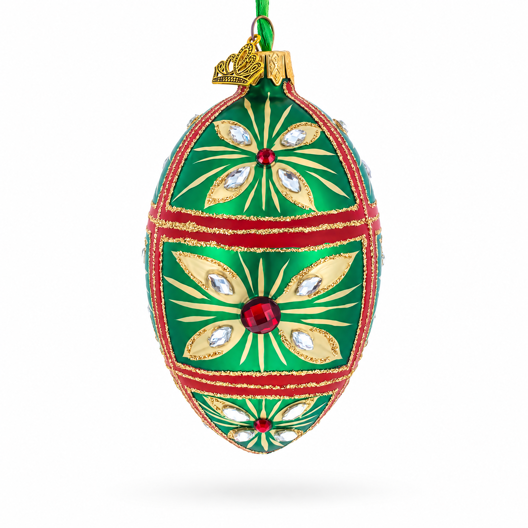 Red Jewel on Green Glass Egg Ornament 4 Inches