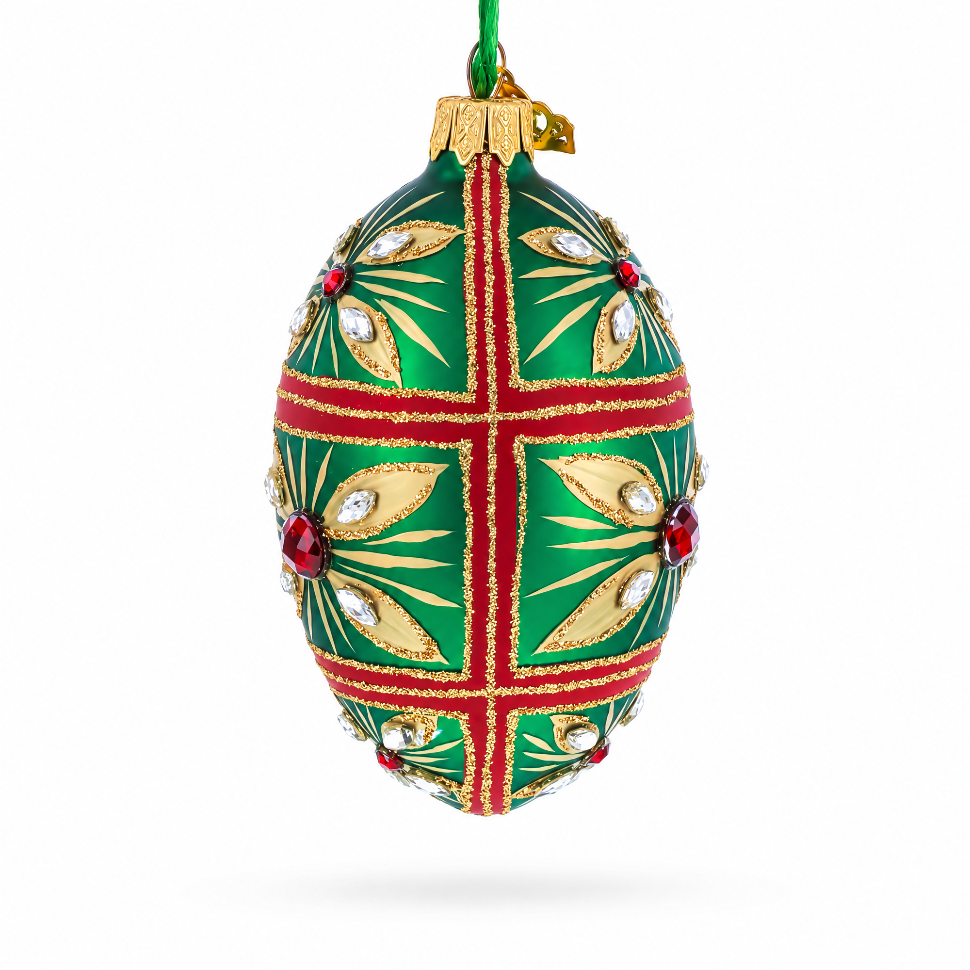 Red Jewel on Green Glass Egg Ornament 4 Inches