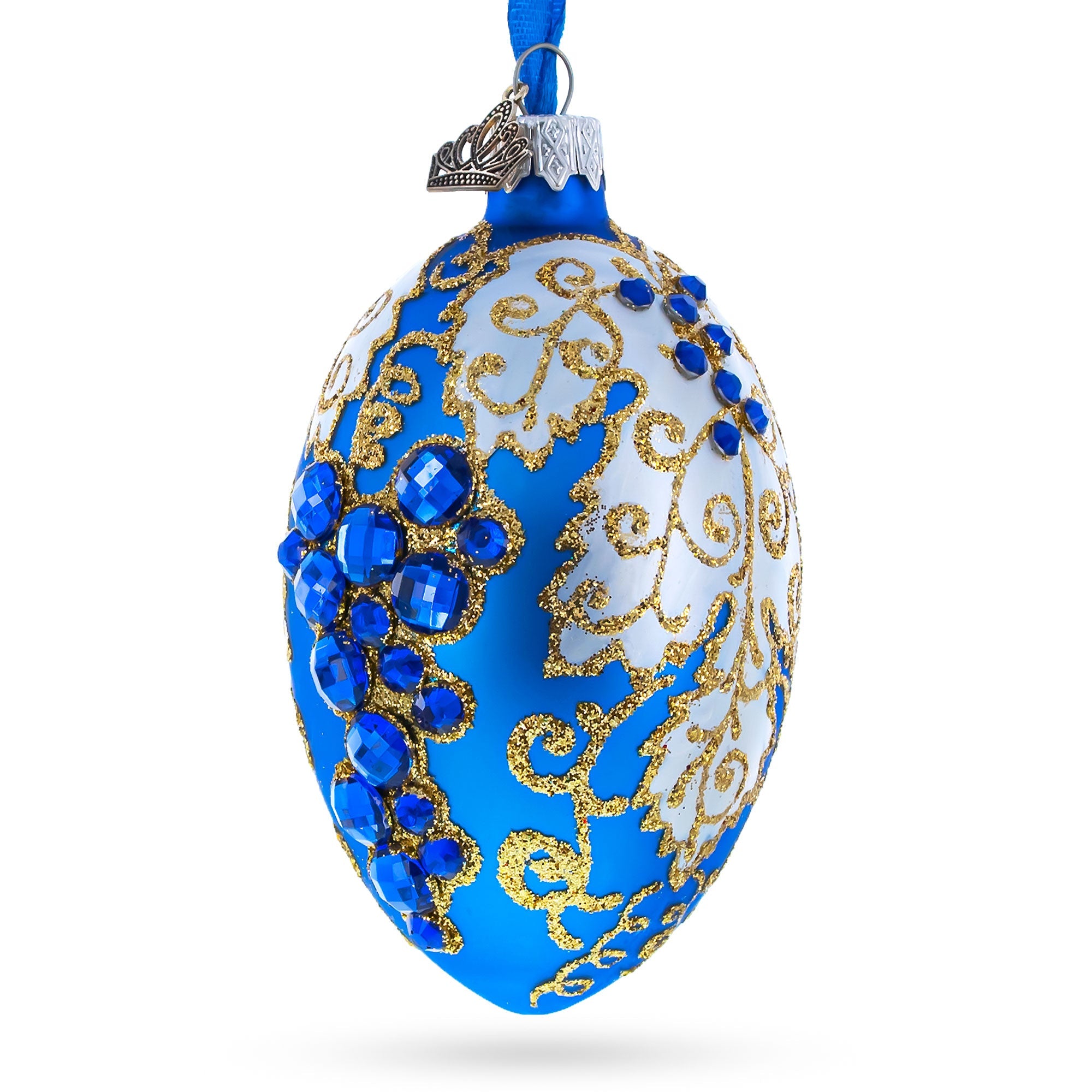 Blue Grapes on White Glass Egg Ornament 4 Inches